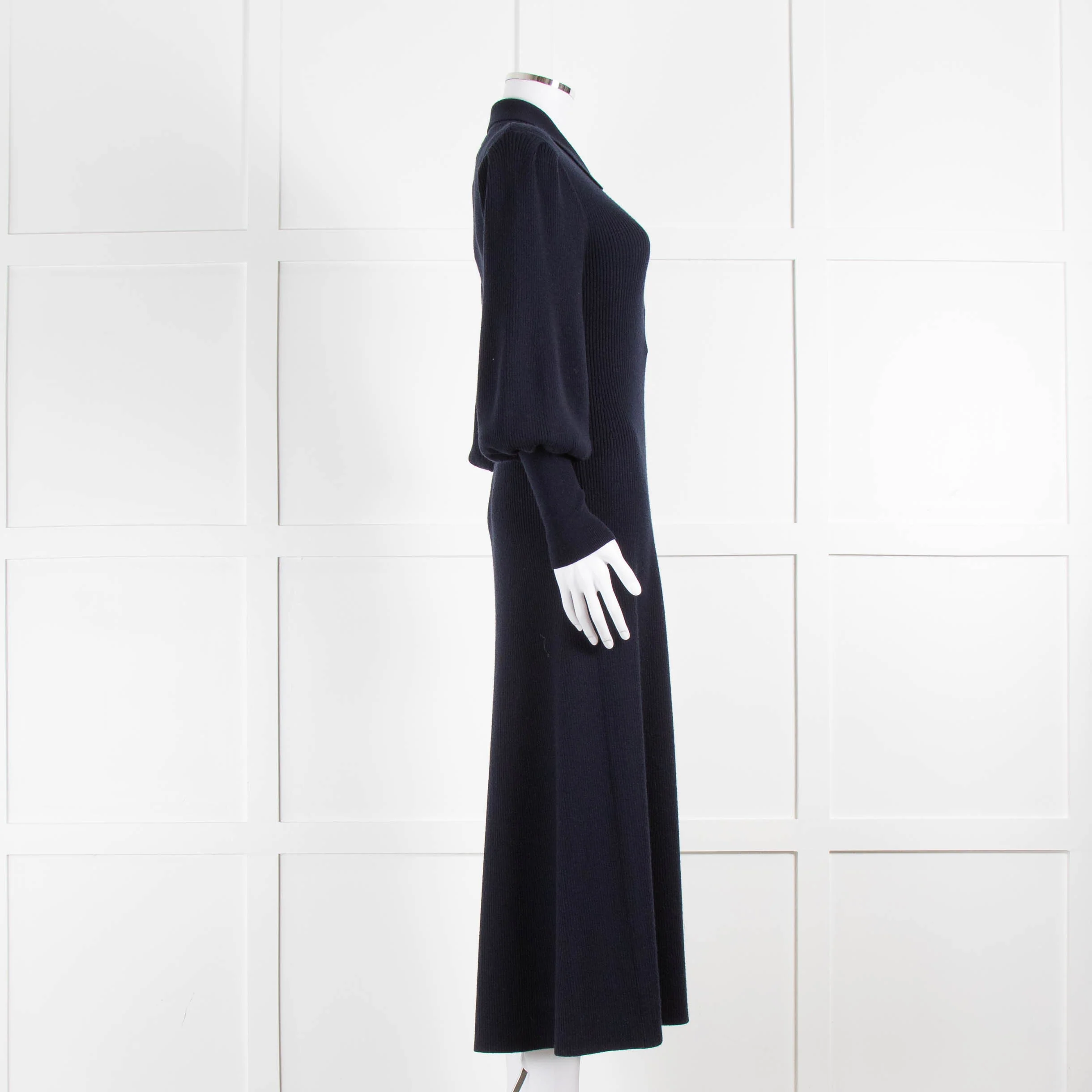 Cefinn Blue Eva Collared Merino Knit Dress With Blouson Sleeve - Image 3