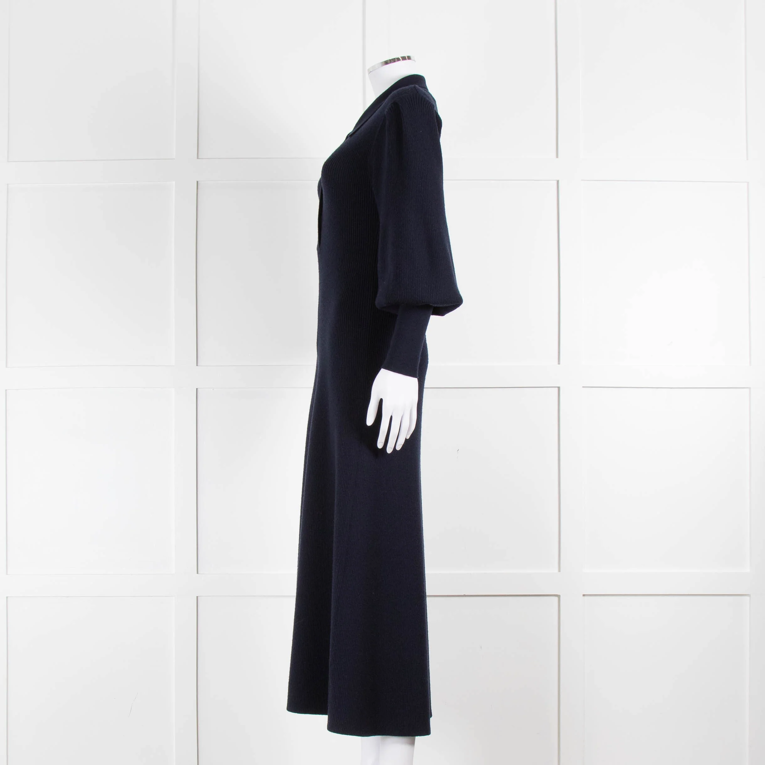 Cefinn Blue Eva Collared Merino Knit Dress With Blouson Sleeve - Image 7