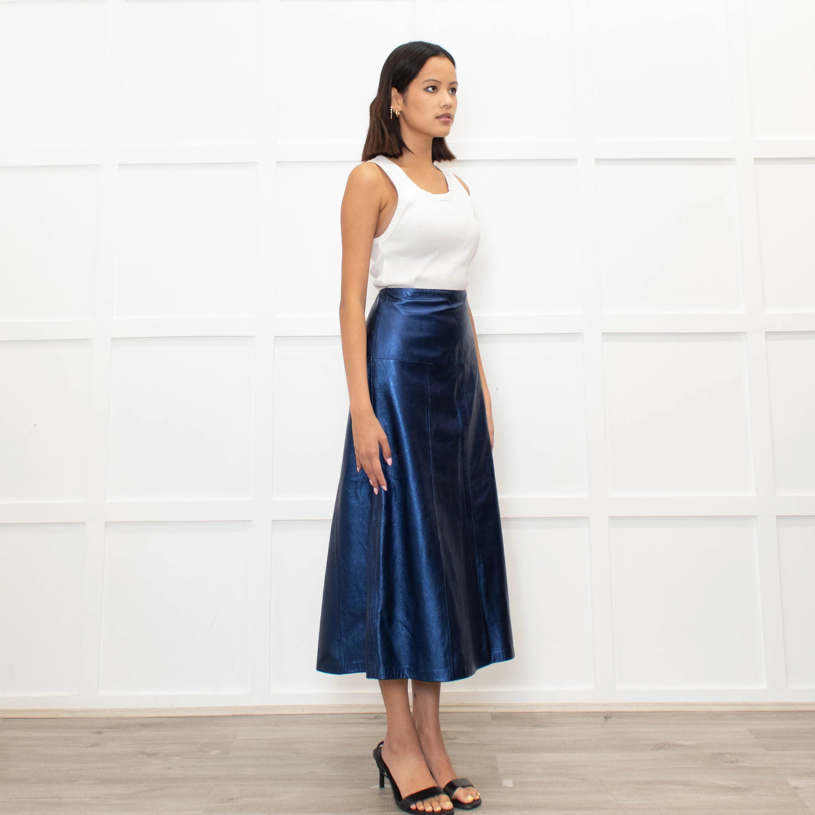 Cefinn Blue Metallic Leather Midi Skirt - Image 3