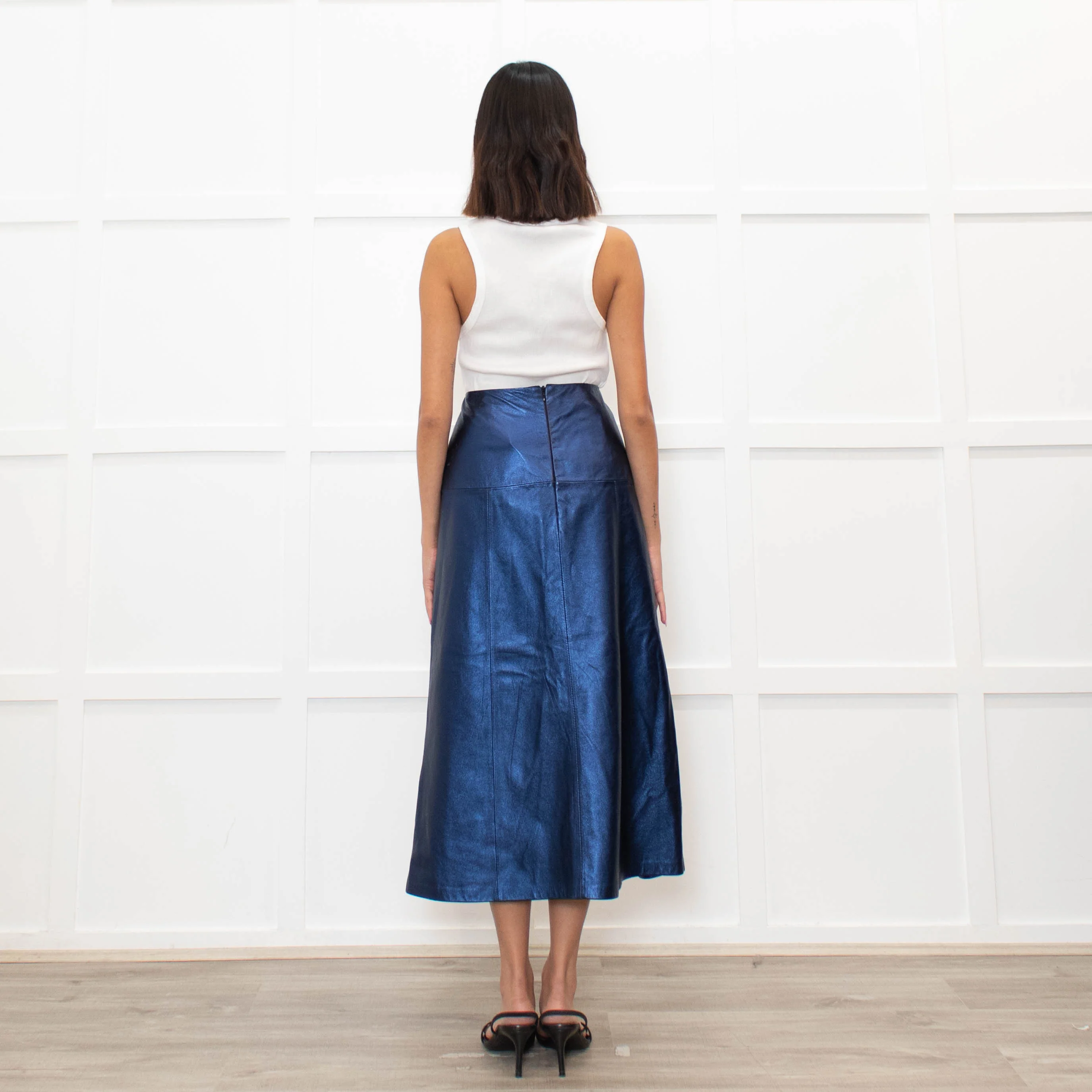 Cefinn Blue Metallic Leather Midi Skirt - Image 5