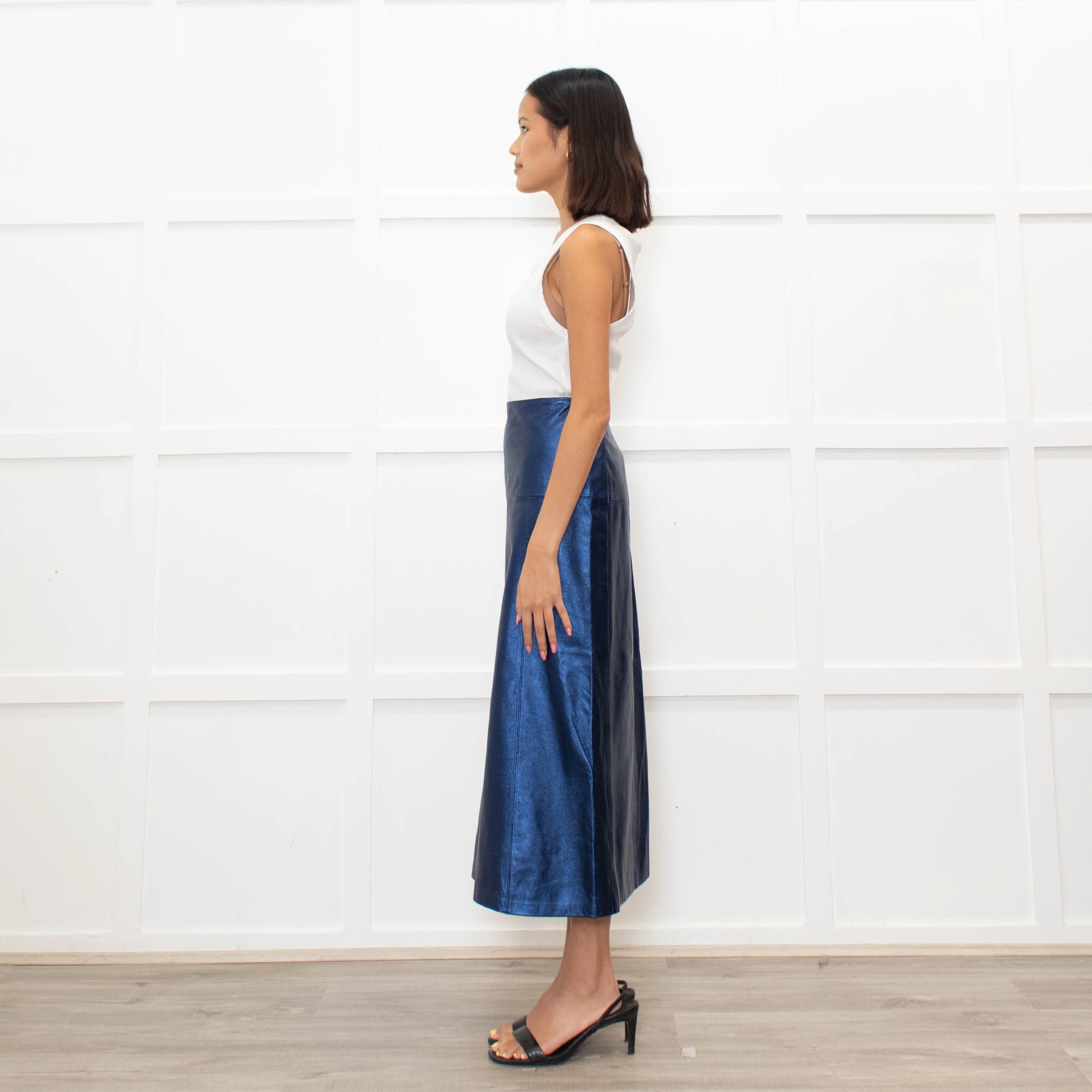 Cefinn Blue Metallic Leather Midi Skirt - Image 6