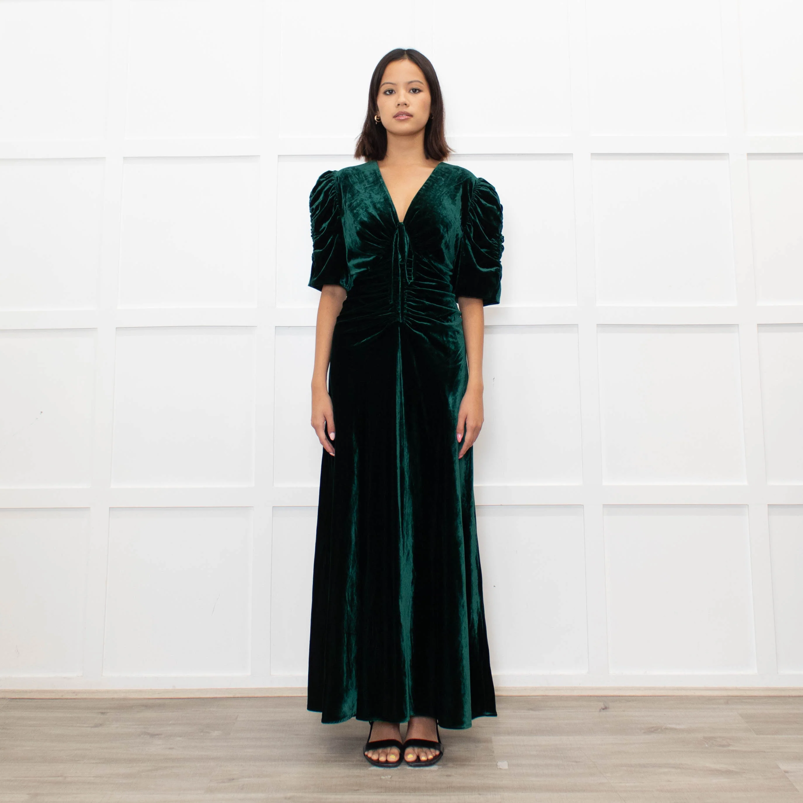 Cefinn Green Velvet Puff Sleeve Midi Dress