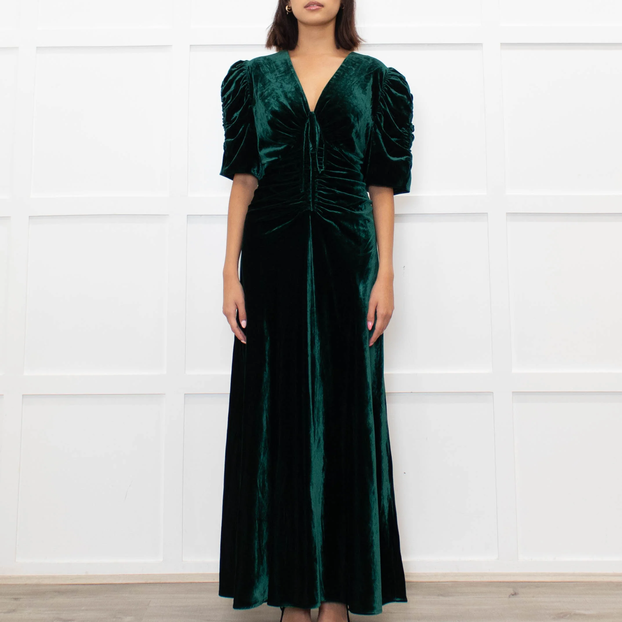 Cefinn Green Velvet Puff Sleeve Midi Dress - Image 2