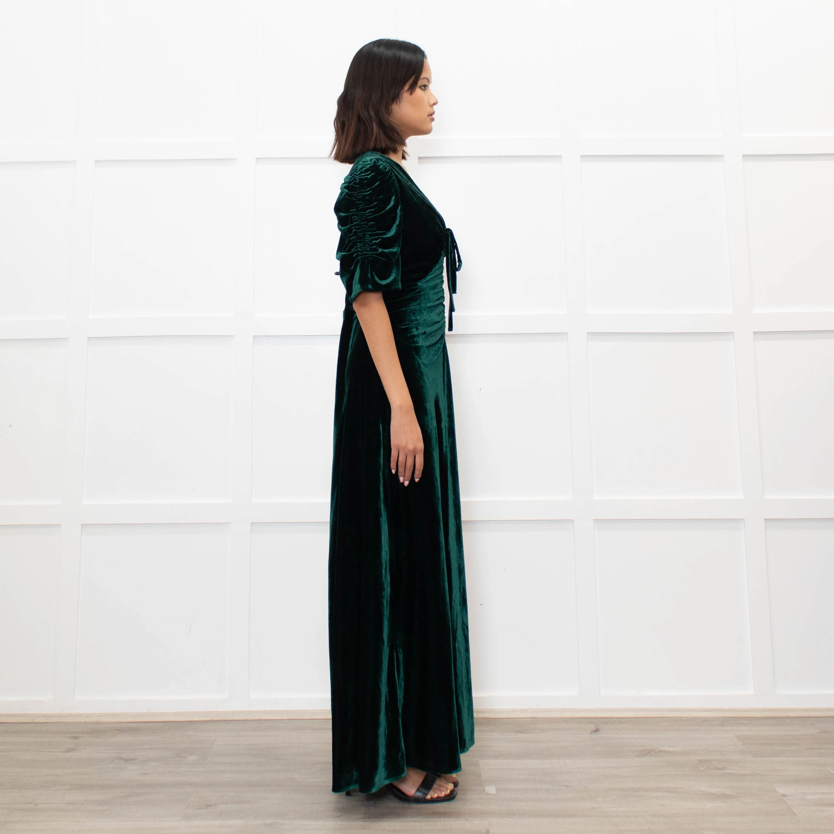 Cefinn Green Velvet Puff Sleeve Midi Dress - Image 4