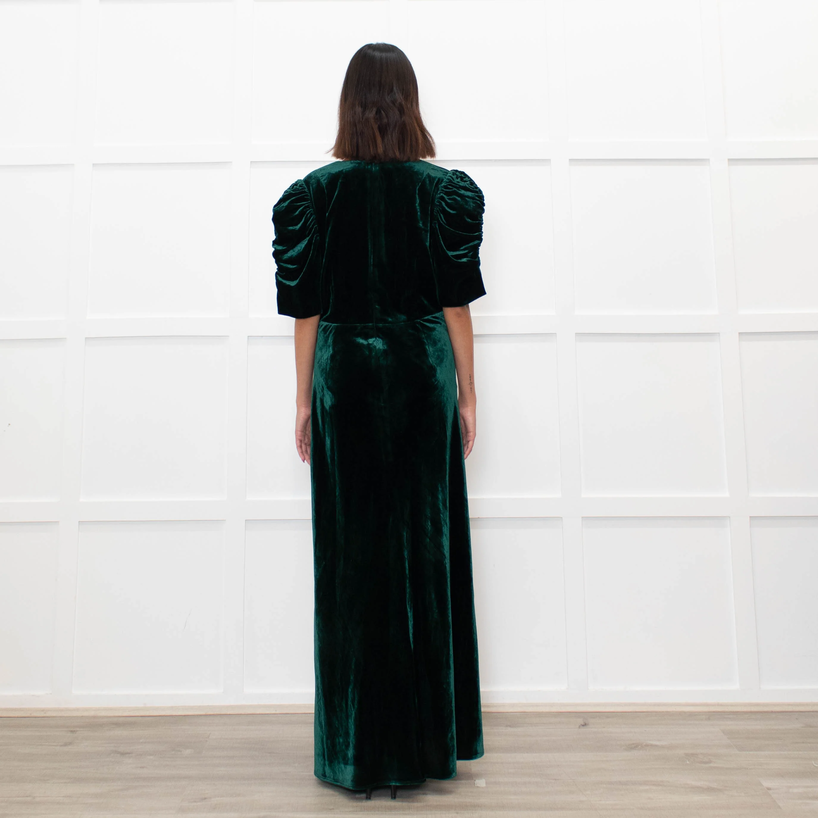 Cefinn Green Velvet Puff Sleeve Midi Dress - Image 5