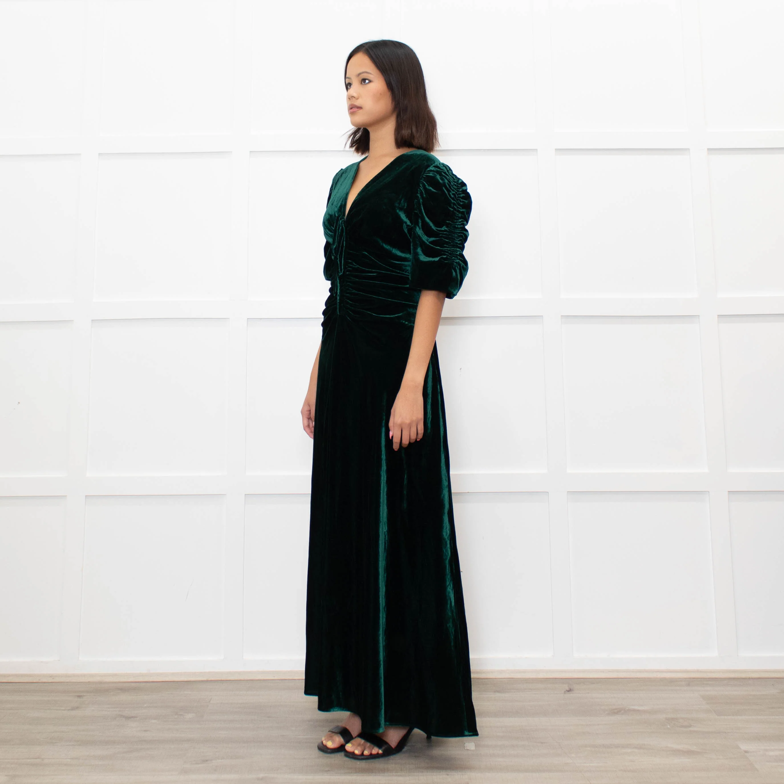 Cefinn Green Velvet Puff Sleeve Midi Dress - Image 7