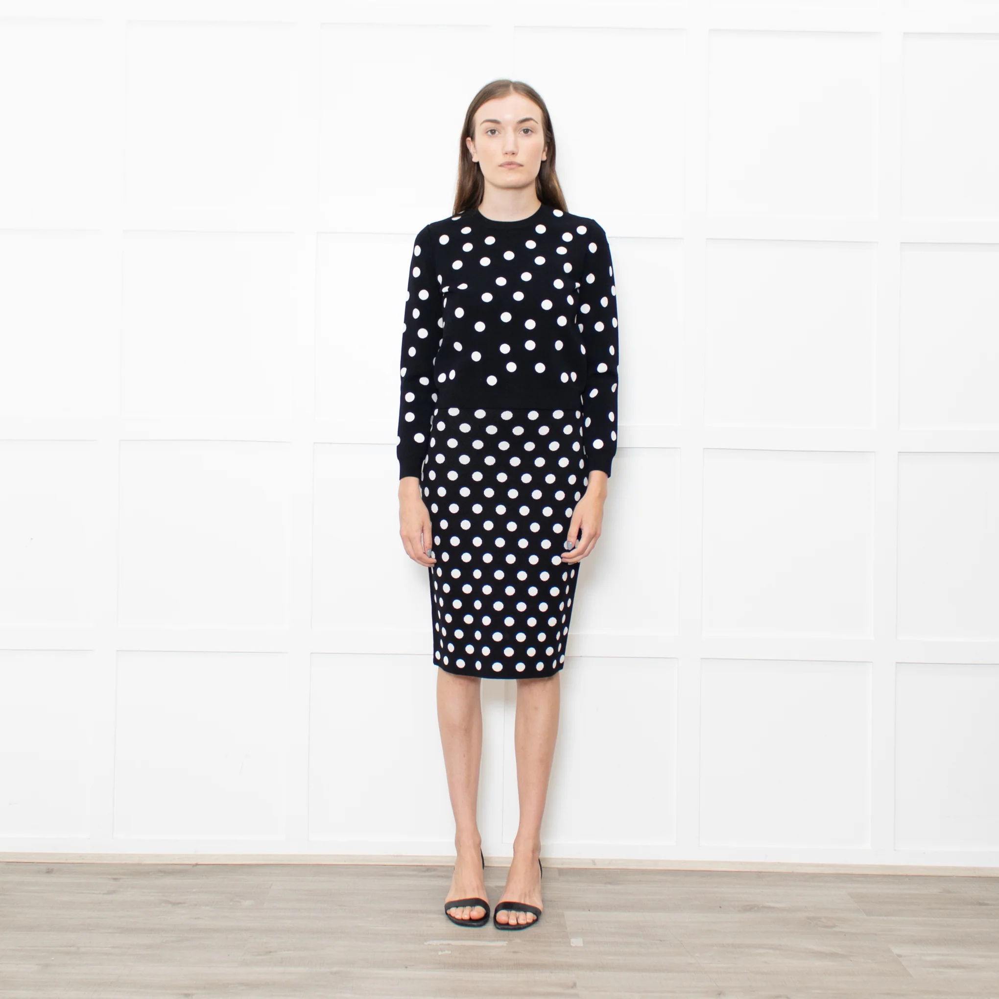 CH Carolina Herrera Black White Dot Stretchy Knit Pencil Skirt