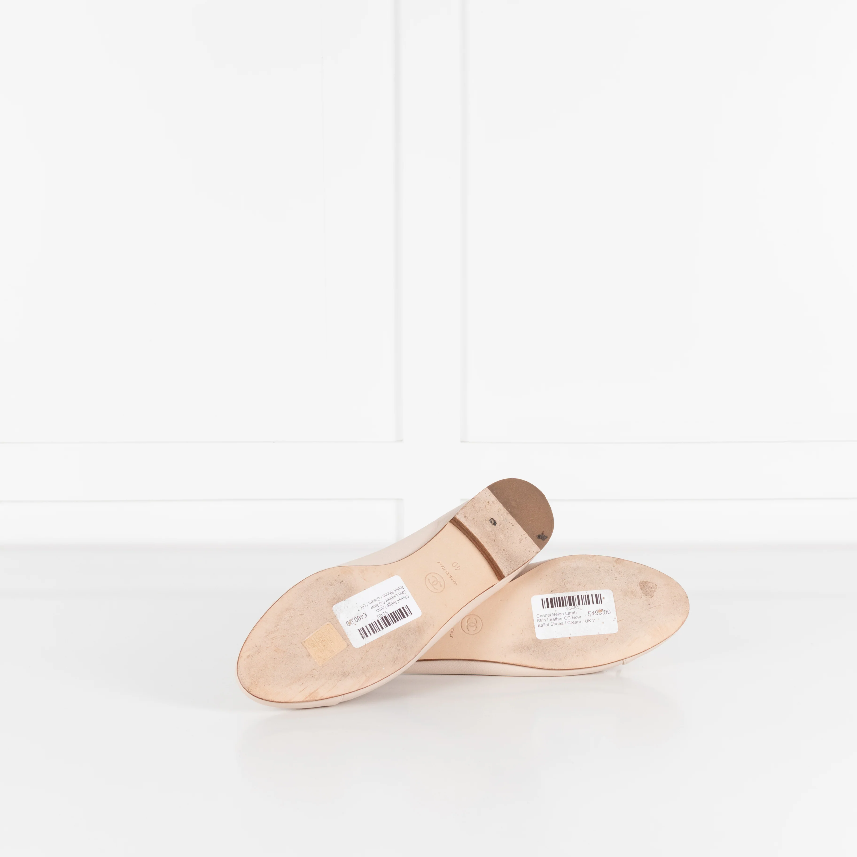 Chanel Beige Lamb Skin Leather CC Bow Ballet Shoes - Image 8