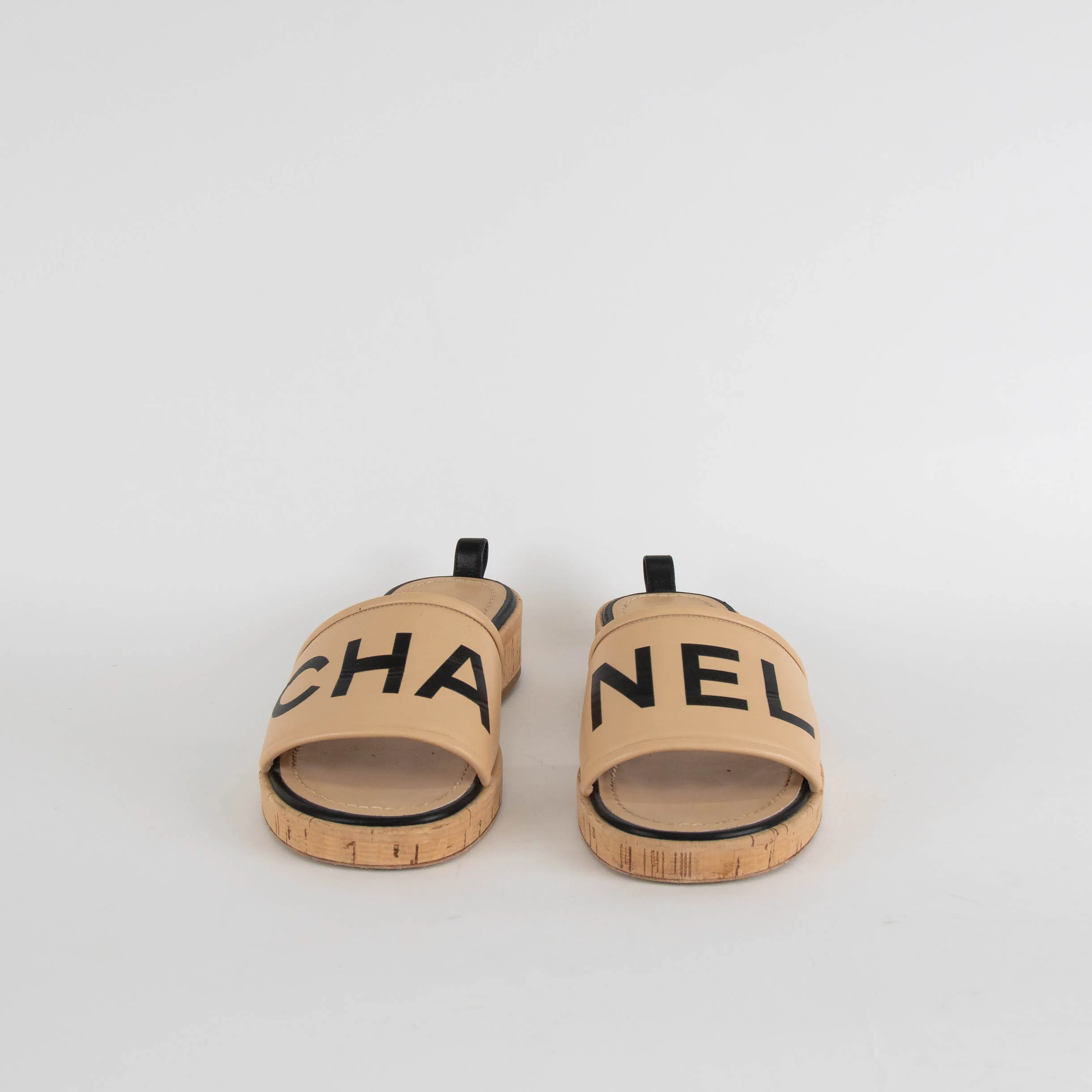 Chanel Beige Leather Logo Cork Sole Sandals - Image 3