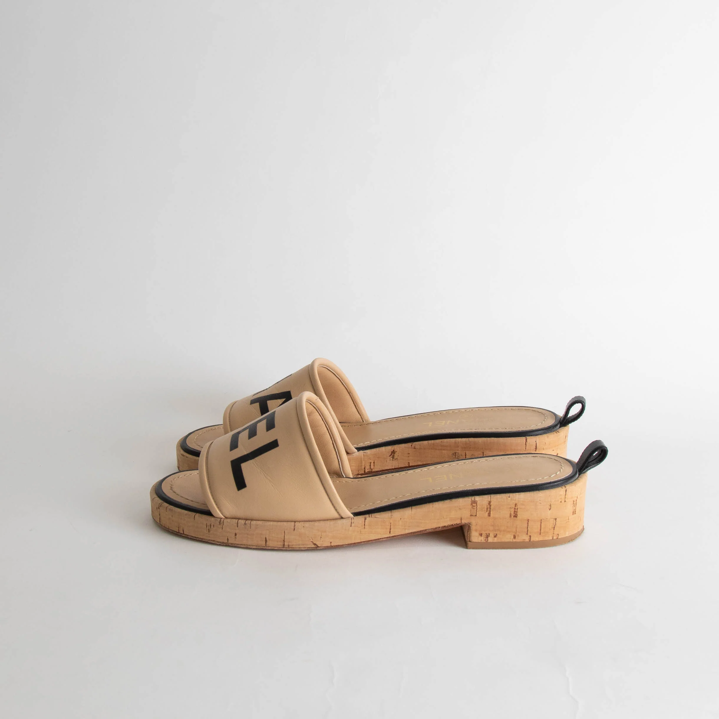 Chanel Beige Leather Logo Cork Sole Sandals - Image 4