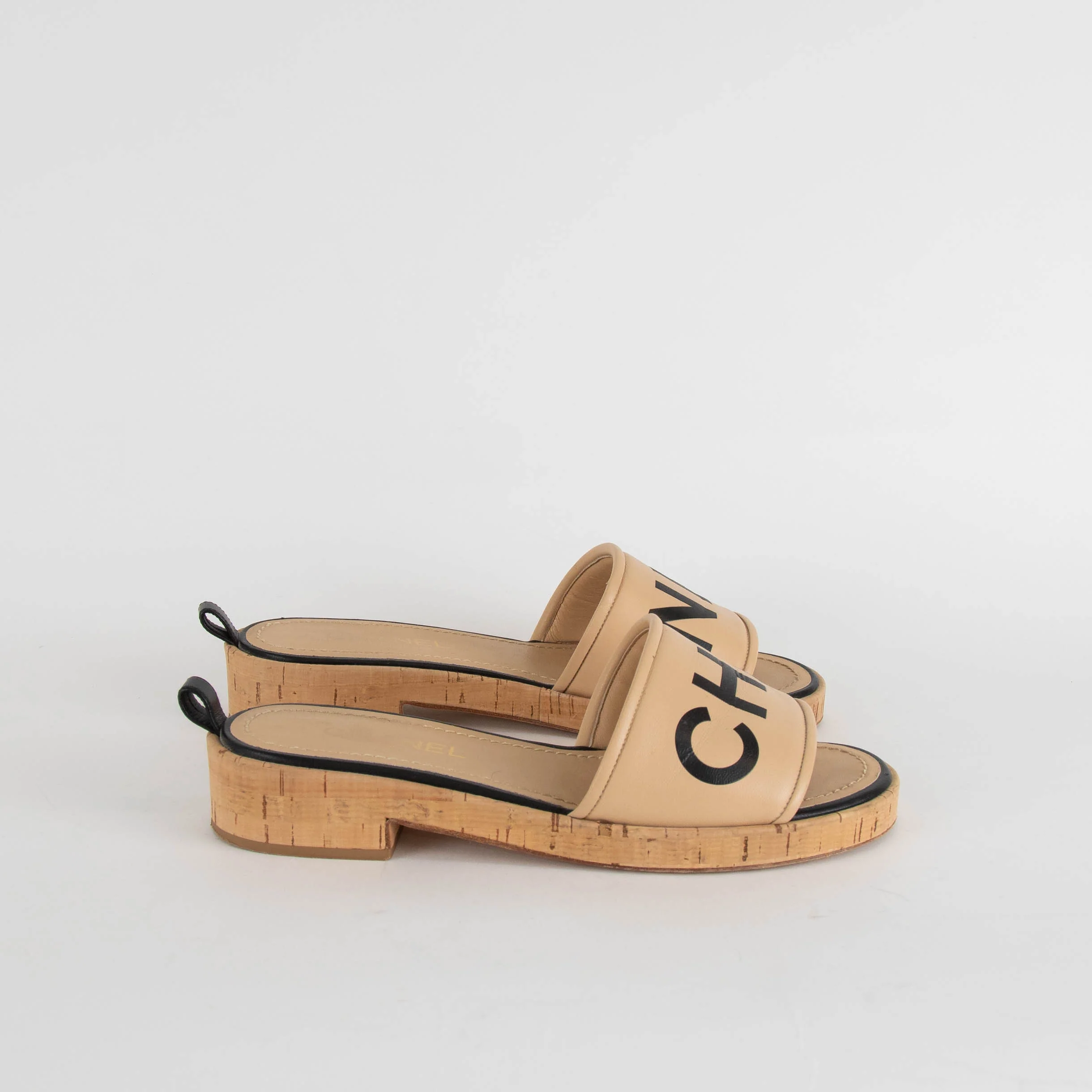Chanel Beige Leather Logo Cork Sole Sandals - Image 6