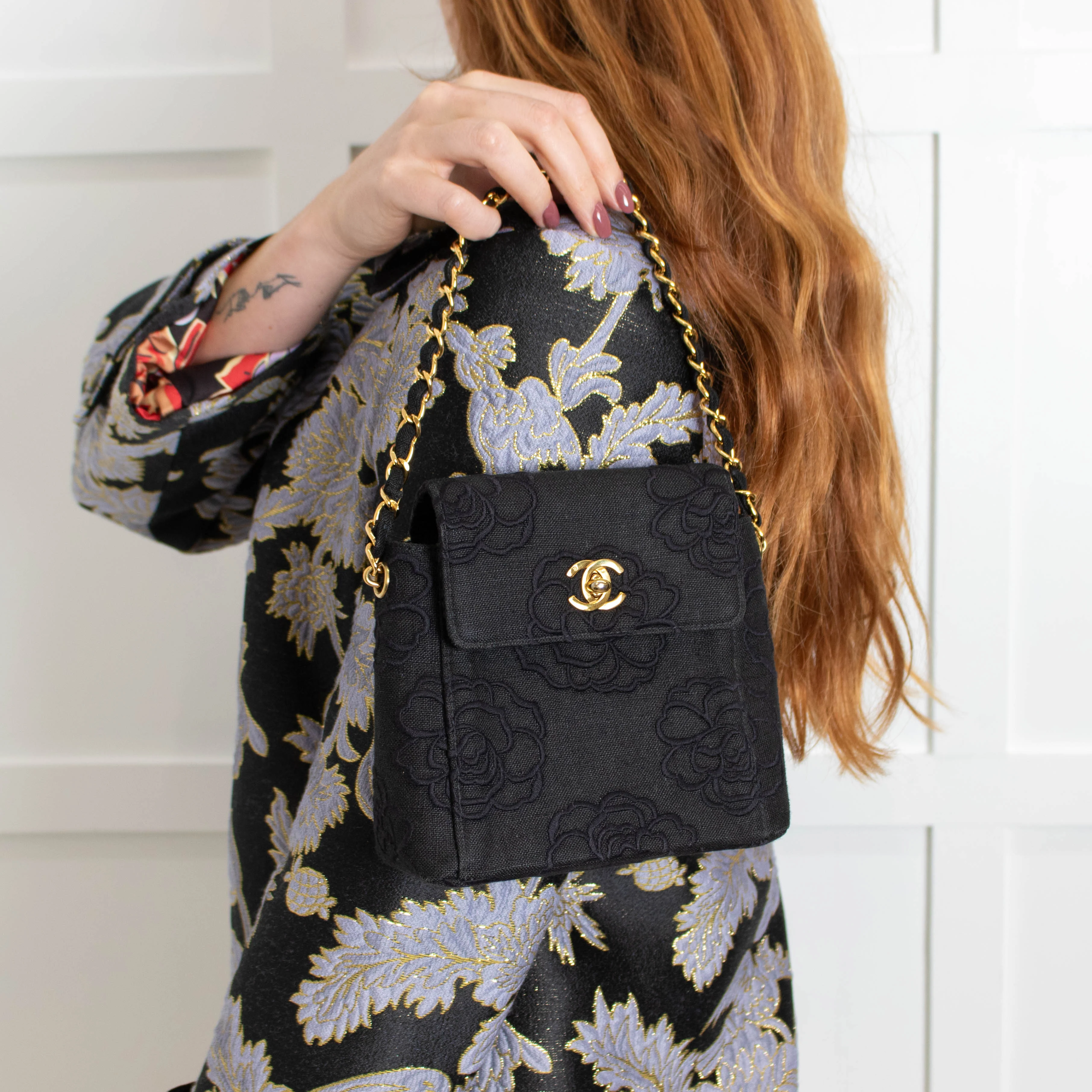 Chanel Black Canvas Camellia Bucket Bag - Image 2