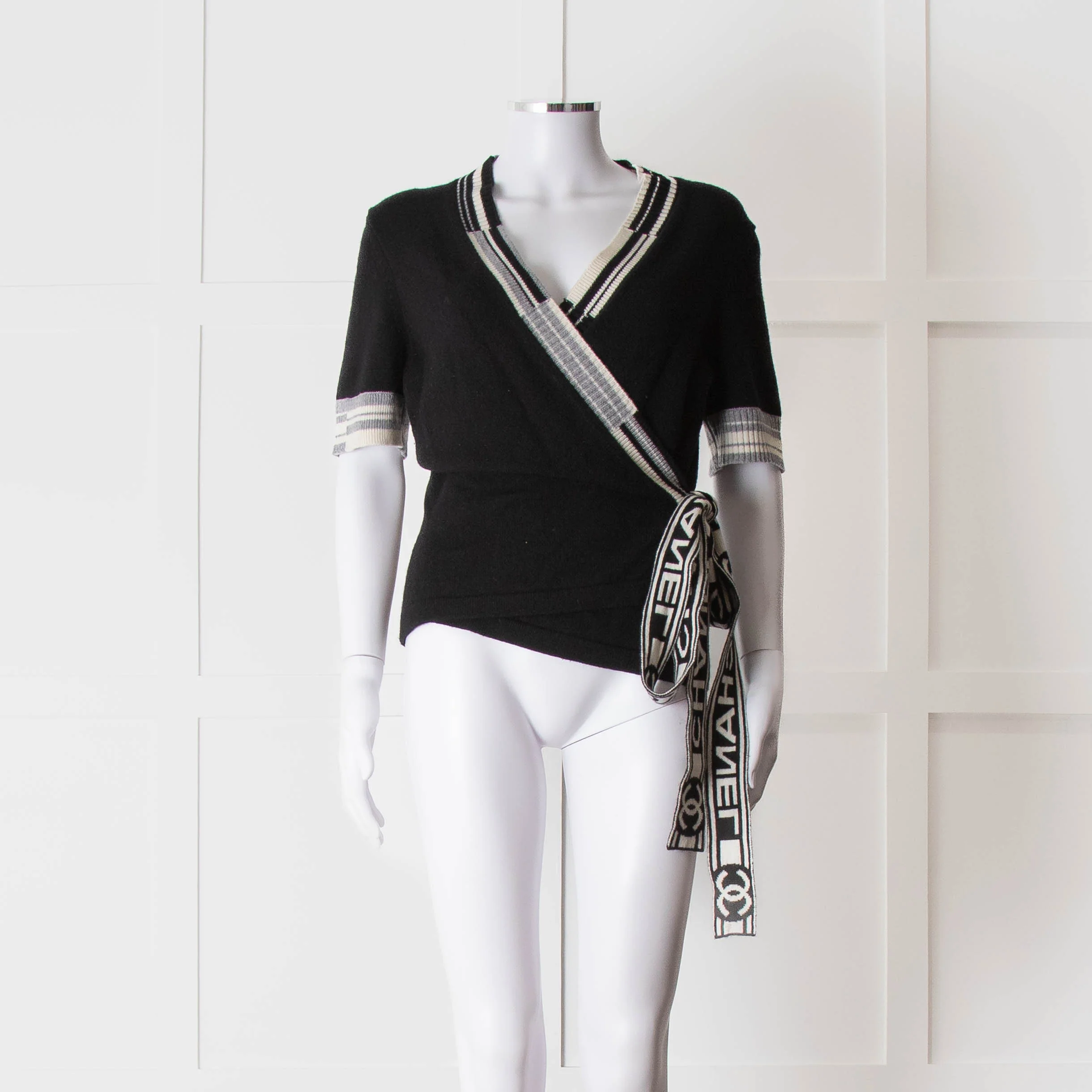 Chanel Black Cashmere Short Sleeve Logo Cardigan