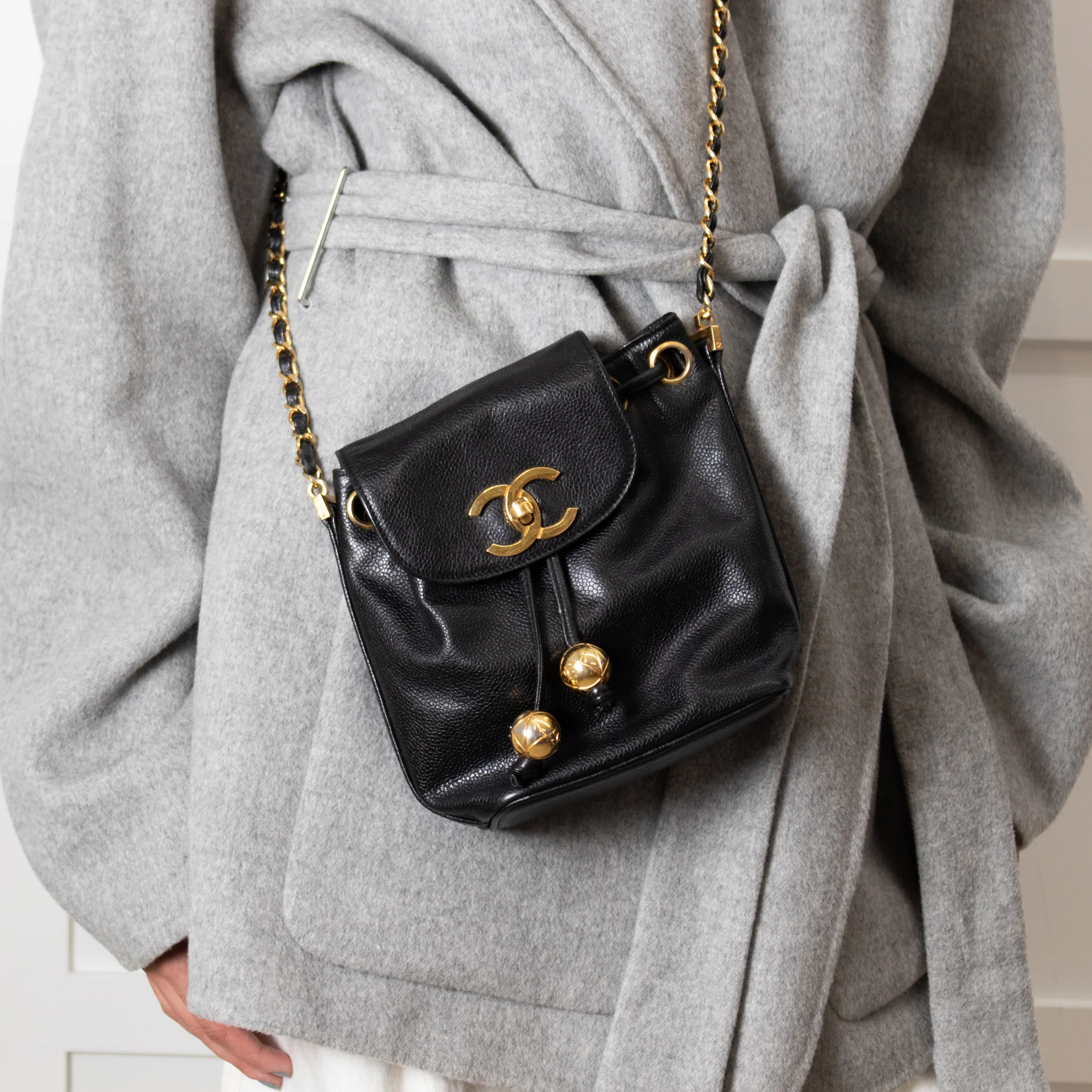 Chanel Black Caviar Leather Vintage Classic Flap Drawstring Crossbody Bag - Image 6