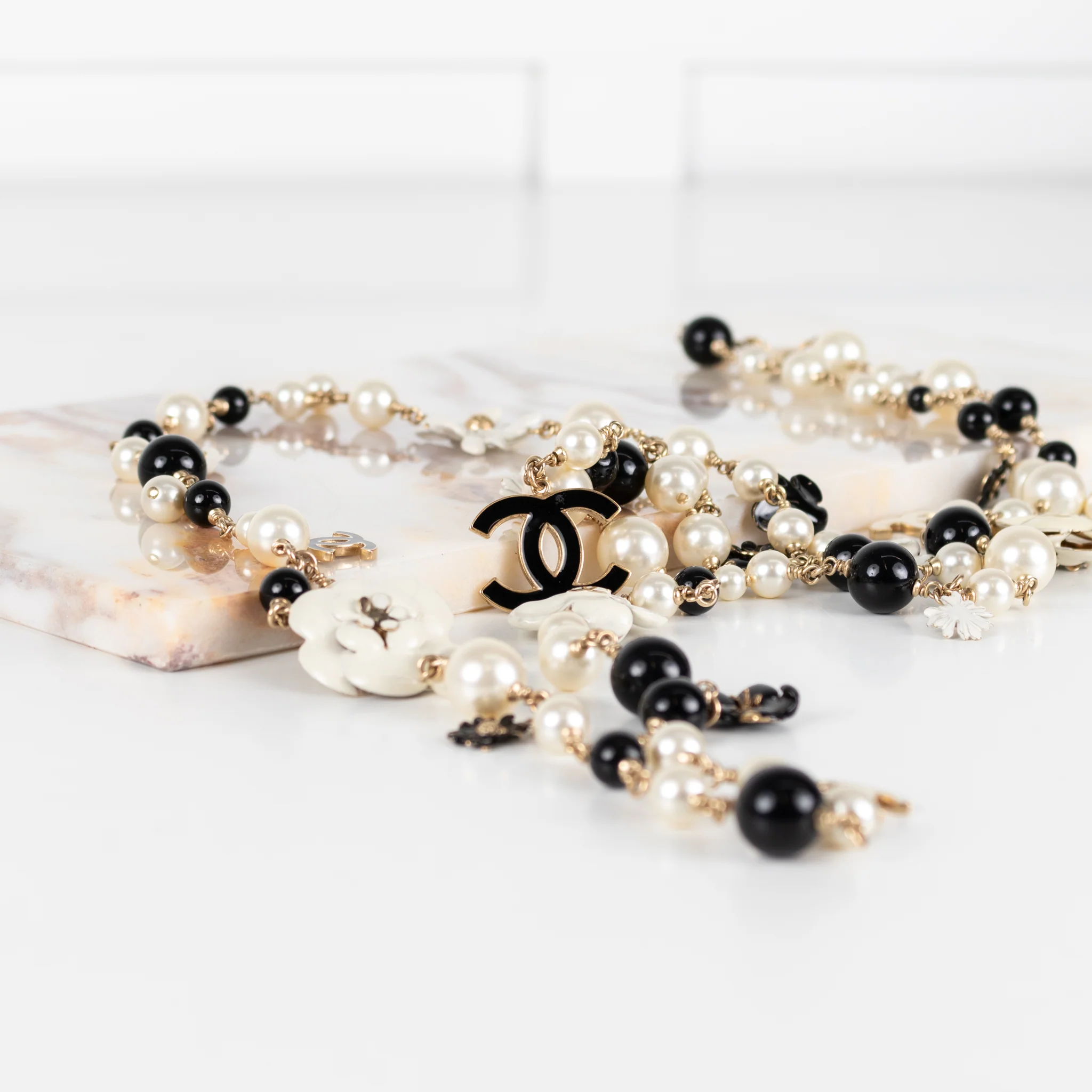 Chanel Black Cream Faux Pearl Camelia Necklace - Image 5