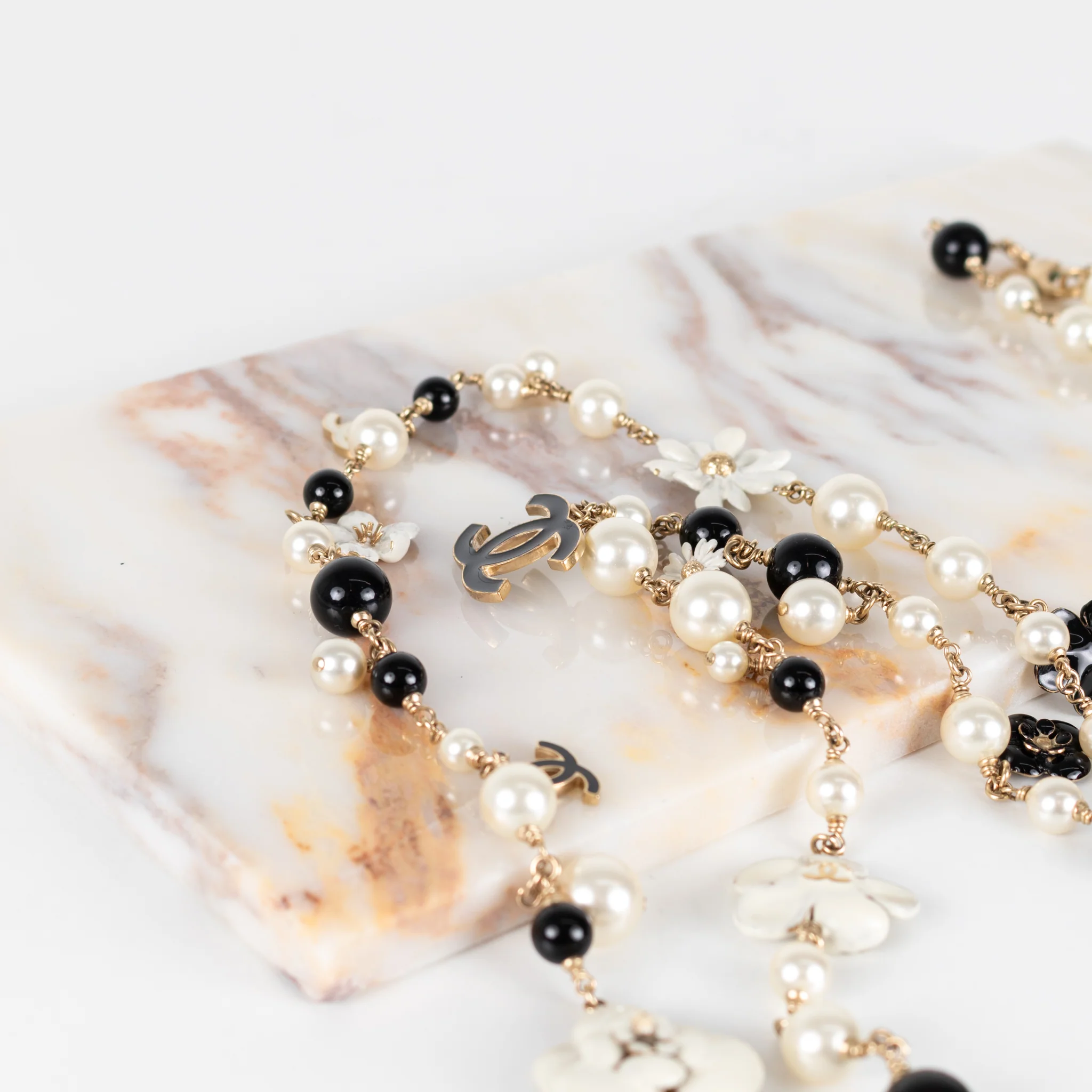 Chanel Black Cream Faux Pearl Camelia Necklace - Image 6