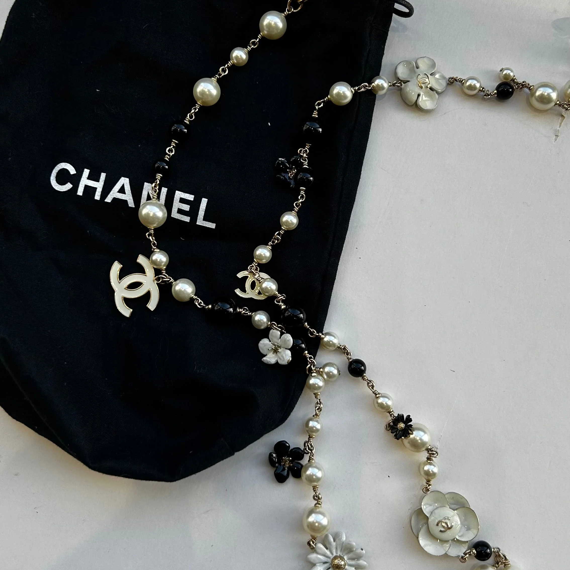 Chanel Black Cream Faux Pearl Camelia Necklace - Image 7