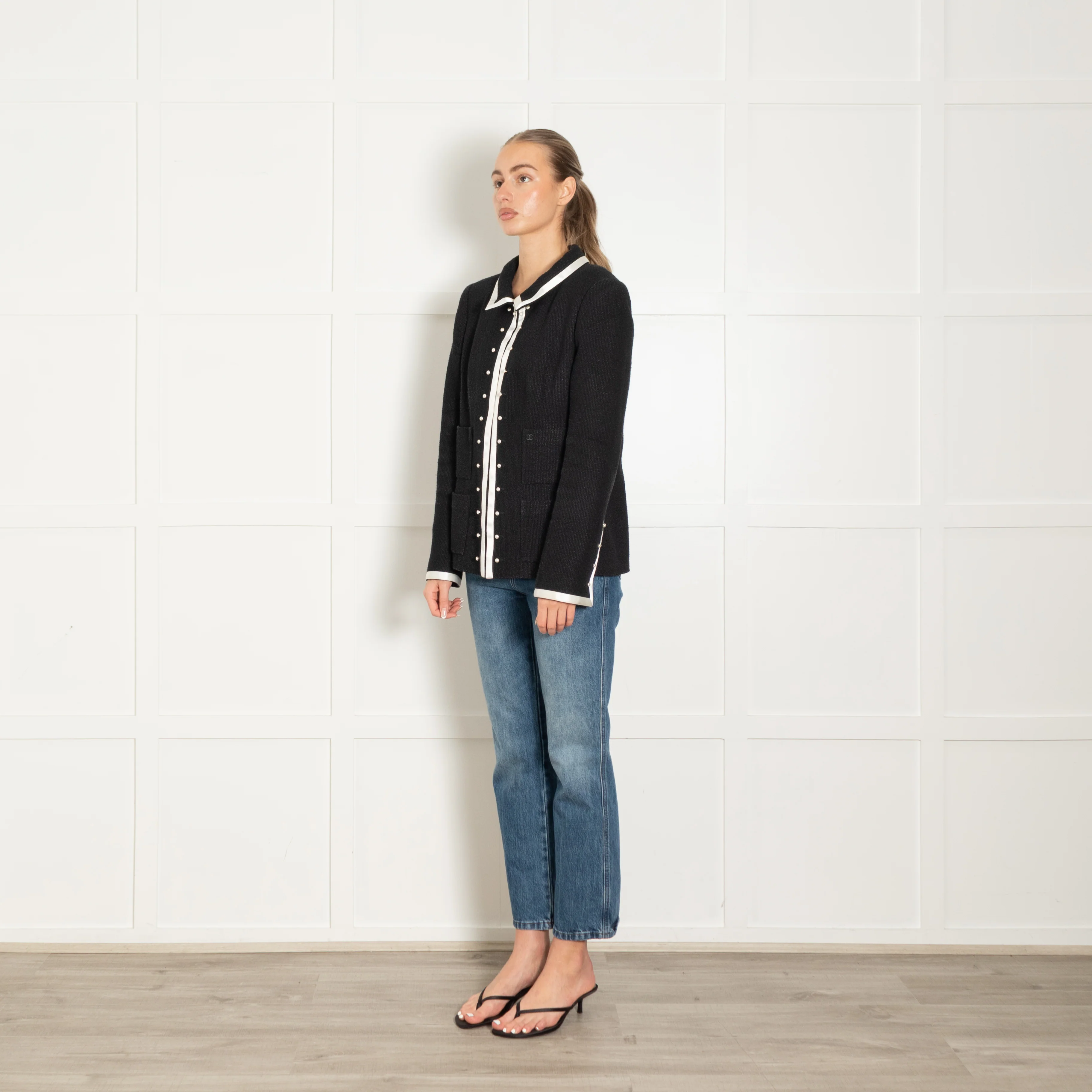 Chanel Black Cream Trim Pearl Button Detail Jacket - Image 3