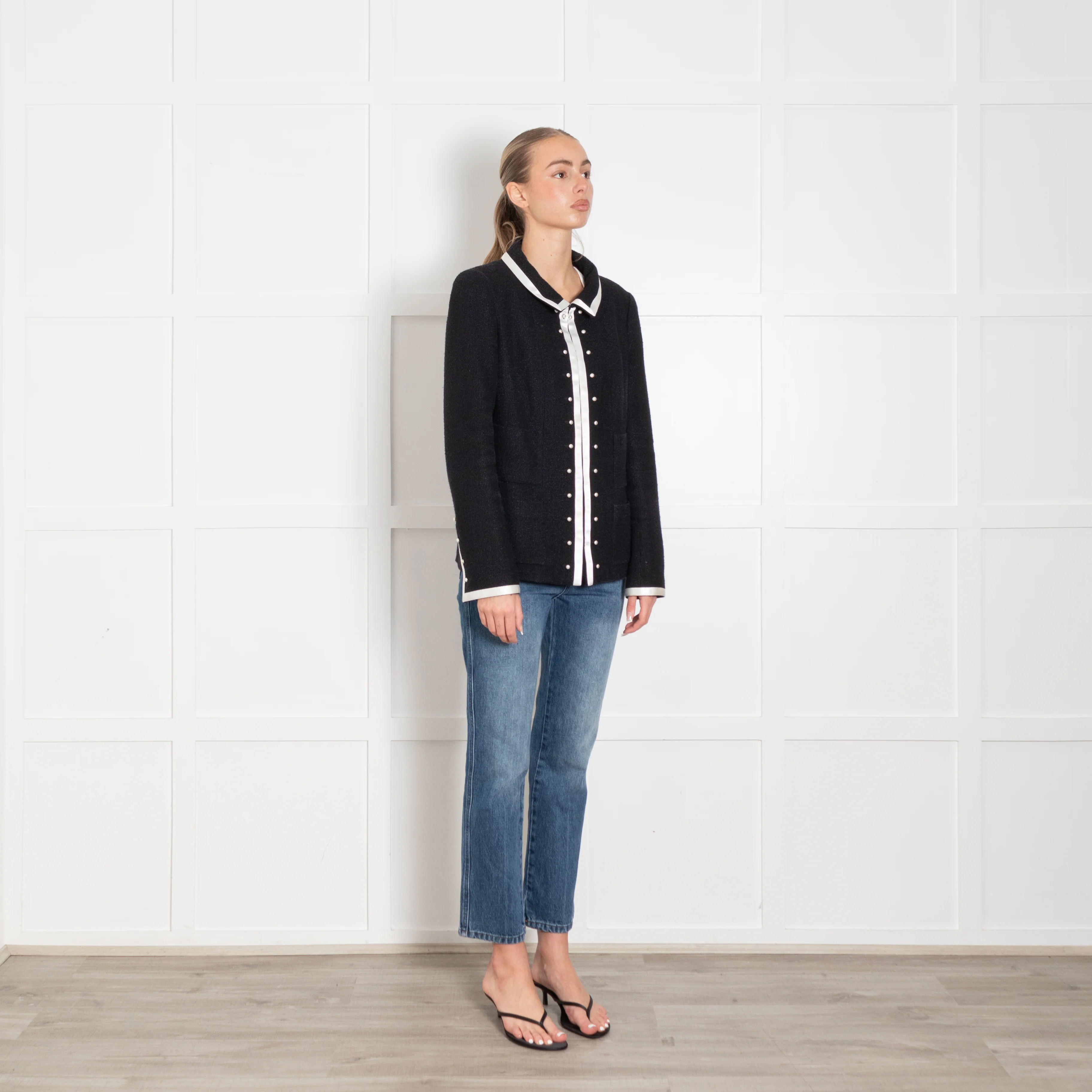 Chanel Black Cream Trim Pearl Button Detail Jacket - Image 7