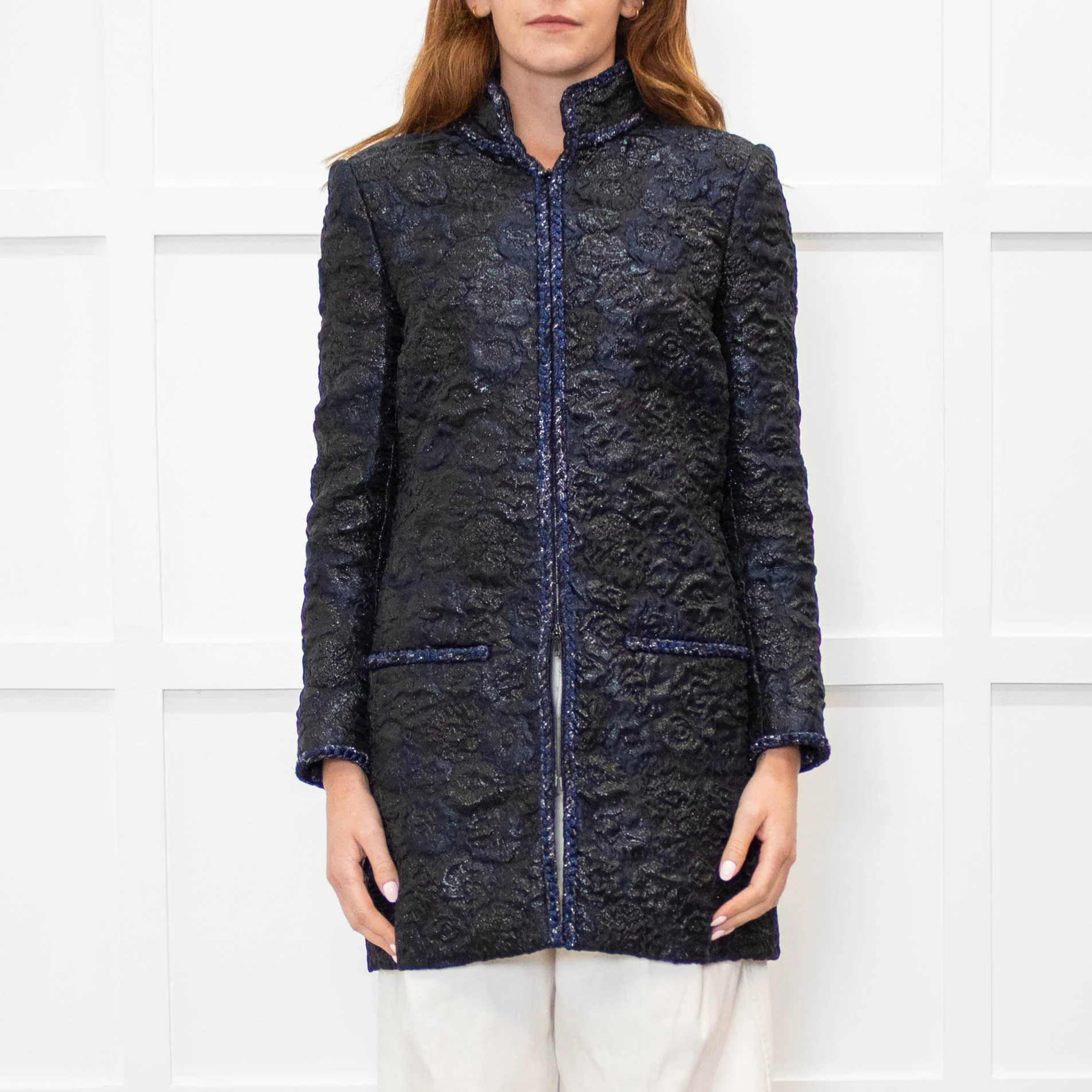 Chanel Black Navy Jacquard Zip Up Jacket - Image 2