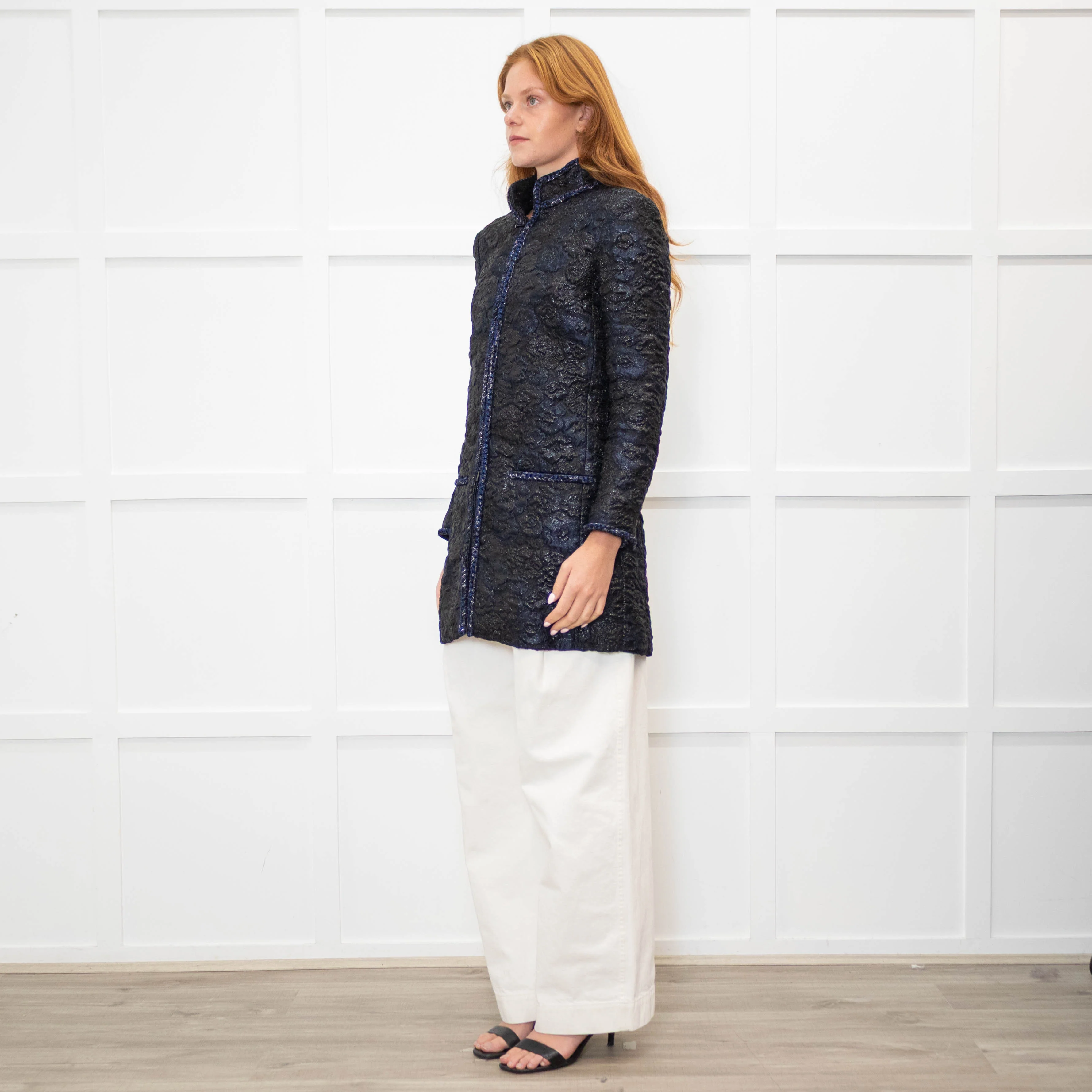 Chanel Black Navy Jacquard Zip Up Jacket - Image 3