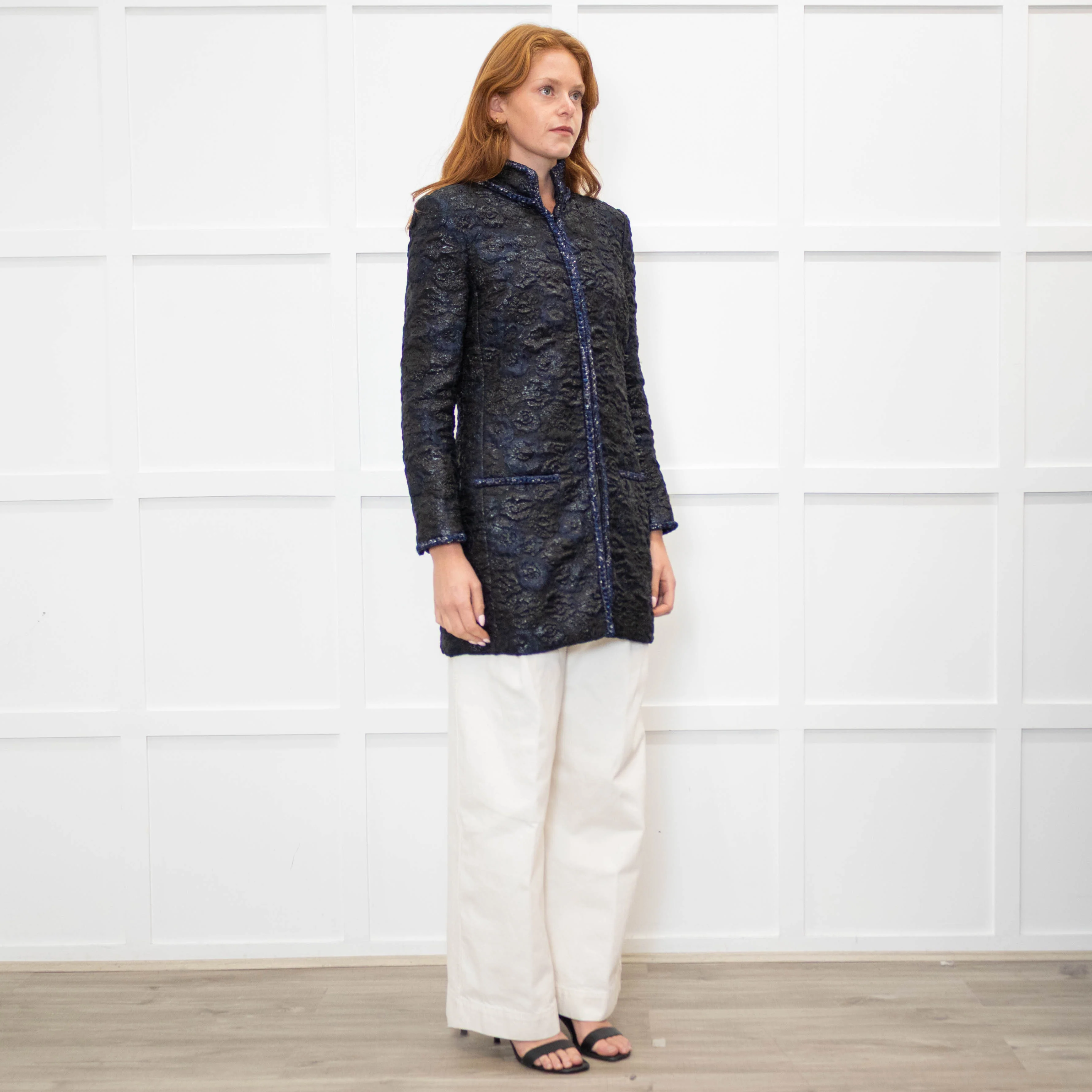 Chanel Black Navy Jacquard Zip Up Jacket - Image 7