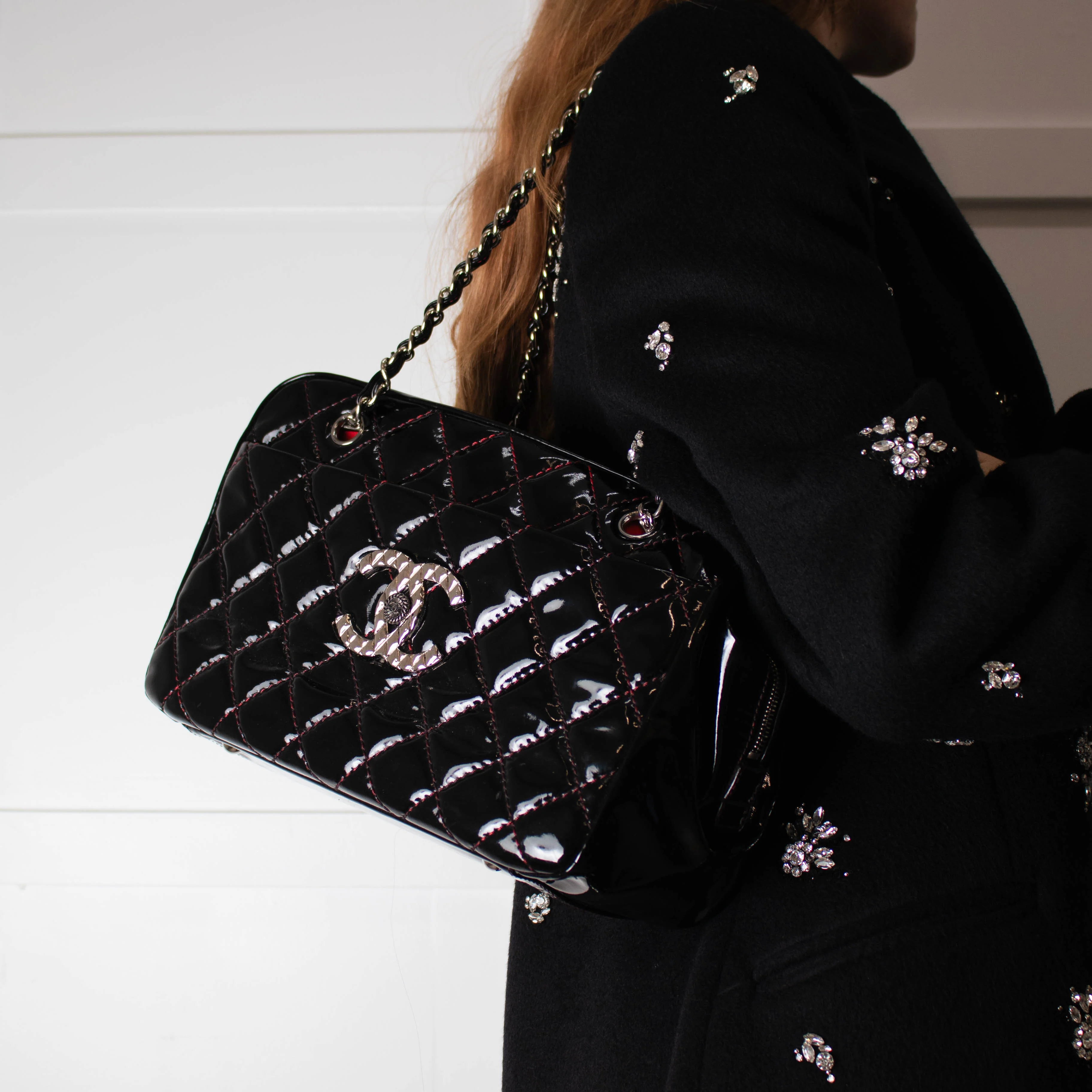 Chanel Black Patent Shopper with Red Stitching - Image 5