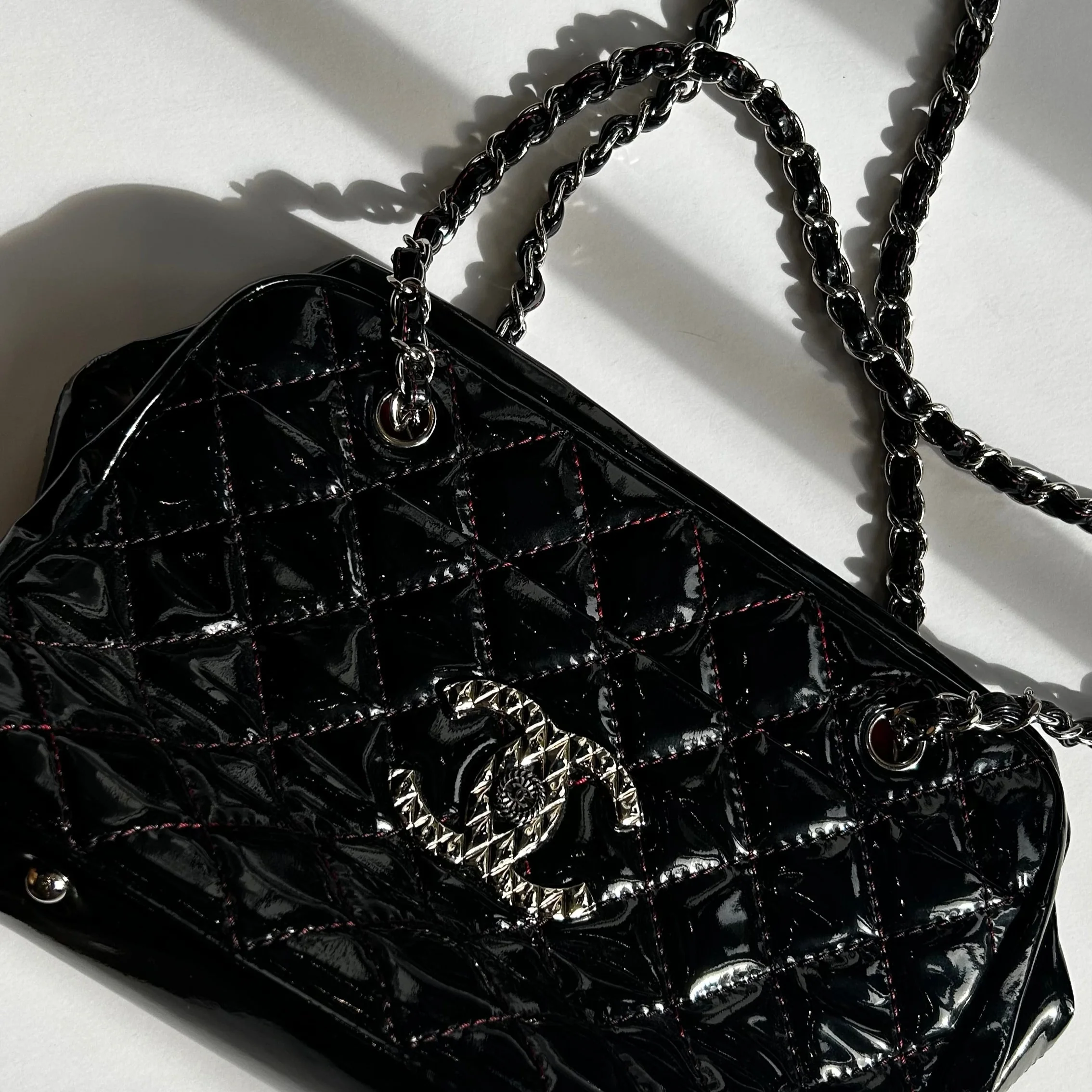 Chanel Black Patent Shopper with Red Stitching - Image 8