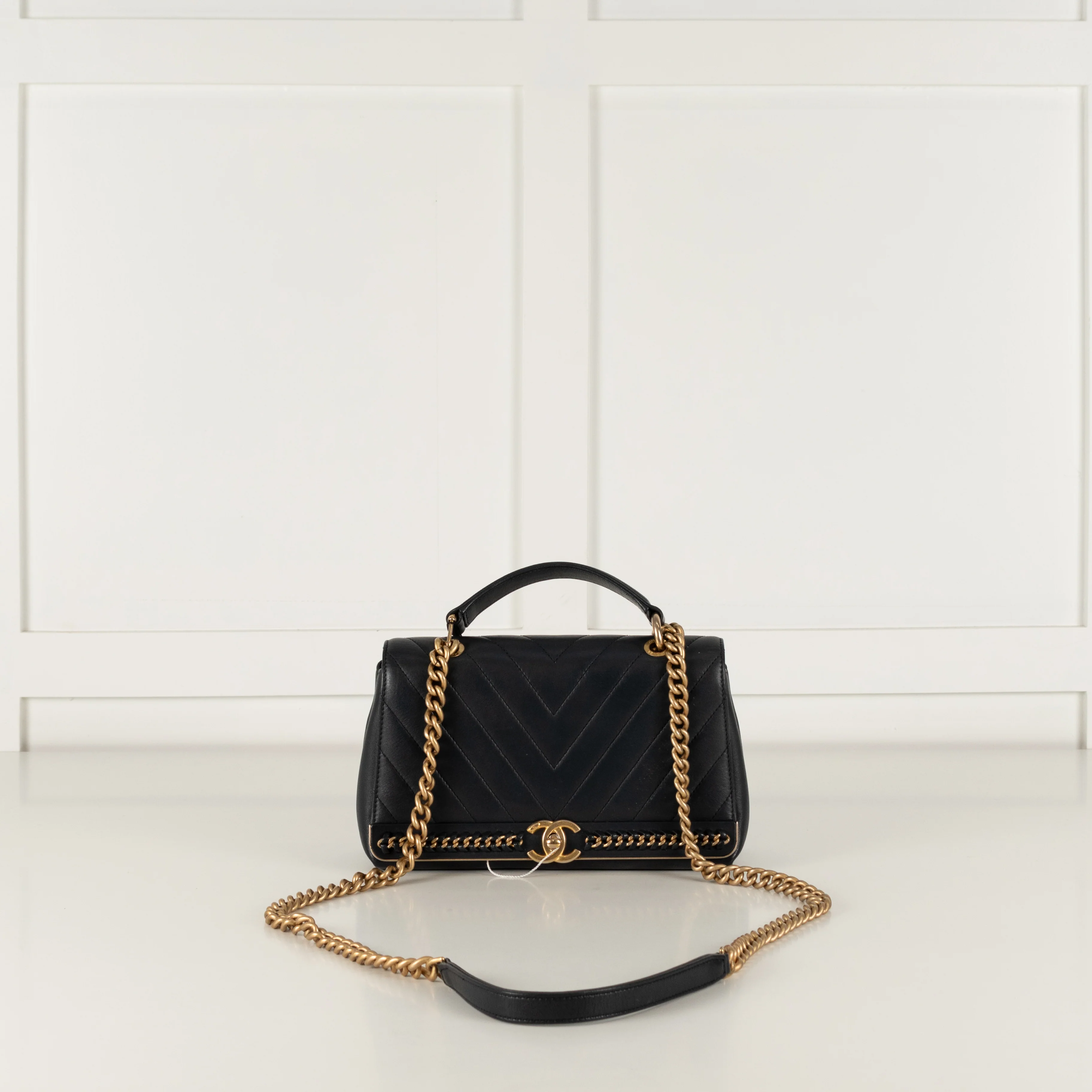 Chanel Navy Lambskin Chevron Top Handle Flap Bag