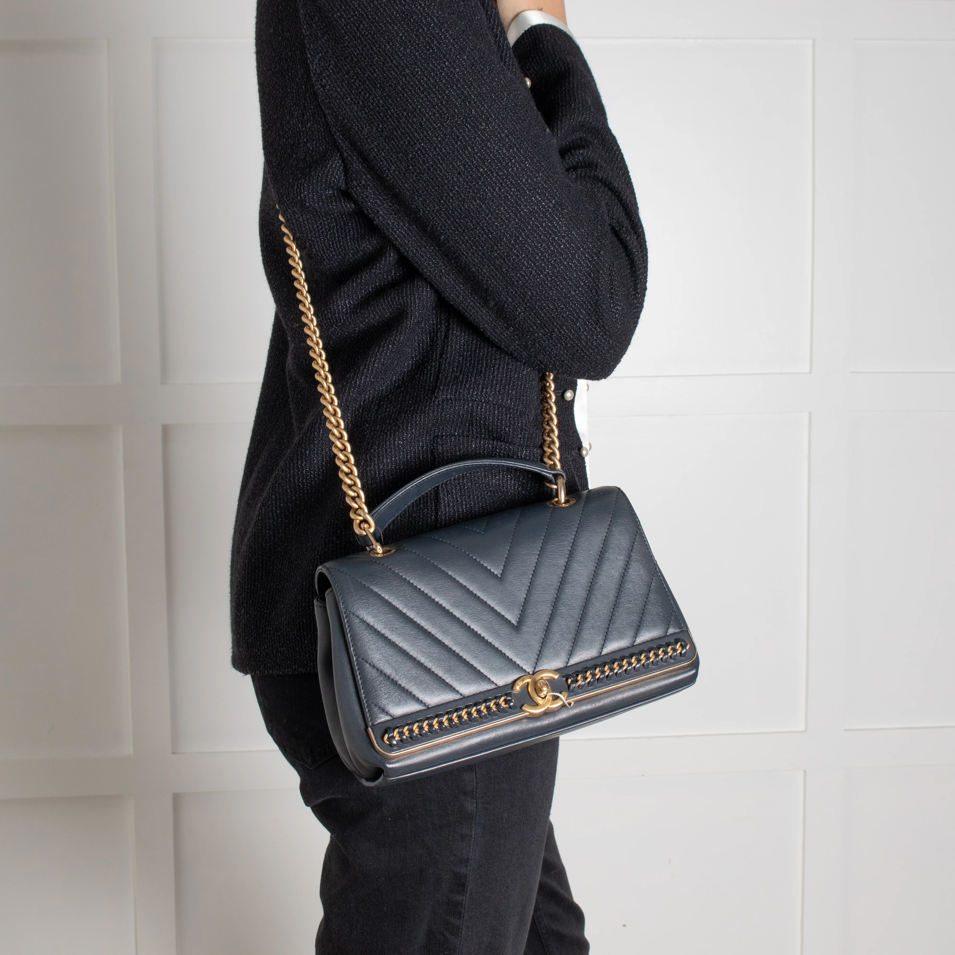 Chanel Navy Lambskin Chevron Top Handle Flap Bag - Image 6
