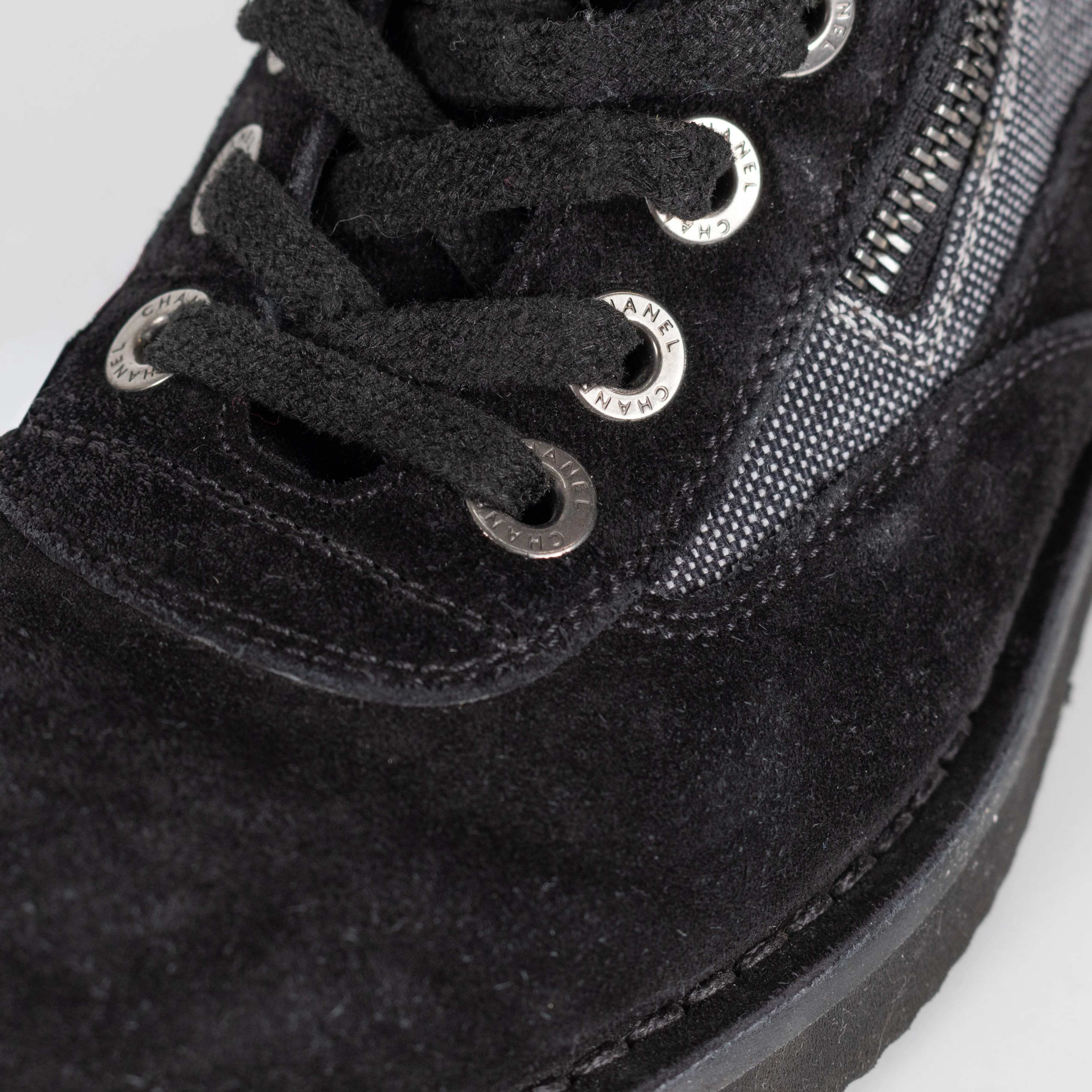 Chanel Black Suede And Canvas Lace Up Ankle Boots - Image 10