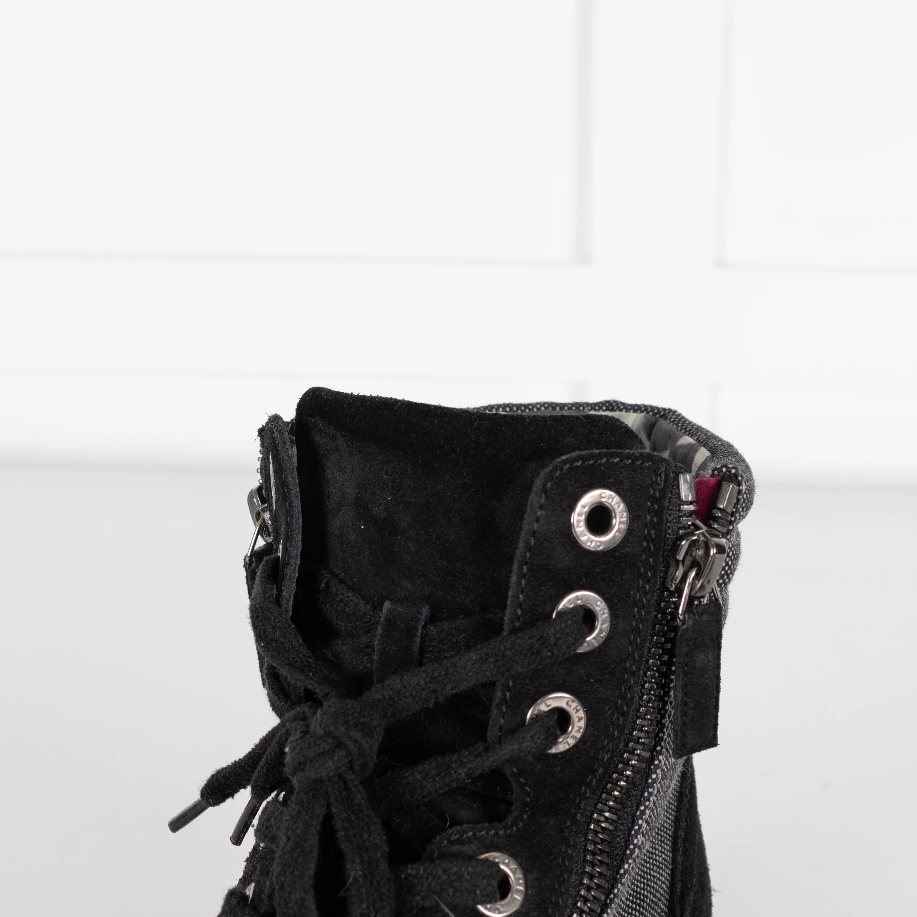 Chanel Black Suede And Canvas Lace Up Ankle Boots - Image 14