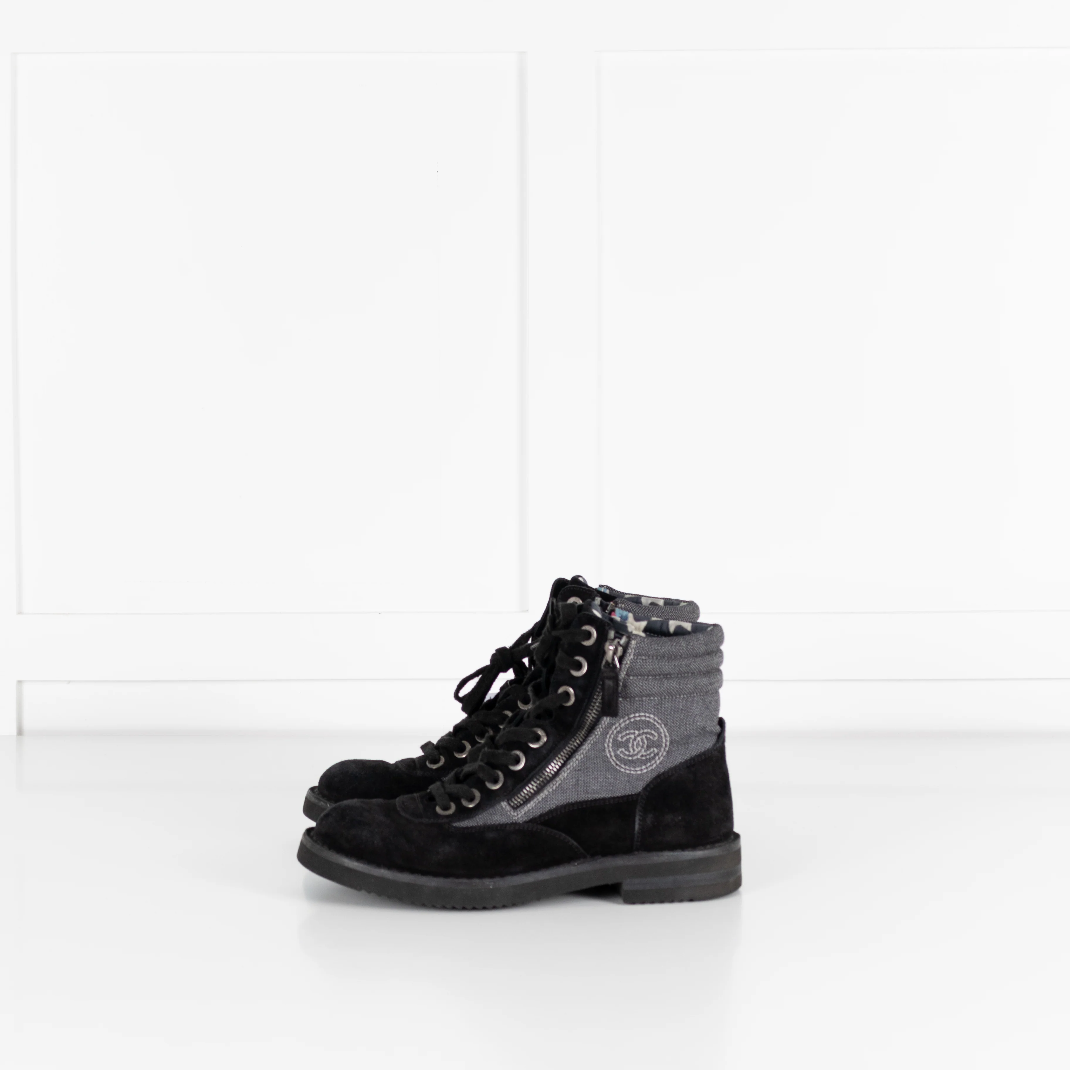 Chanel Black Suede And Canvas Lace Up Ankle Boots - Image 3