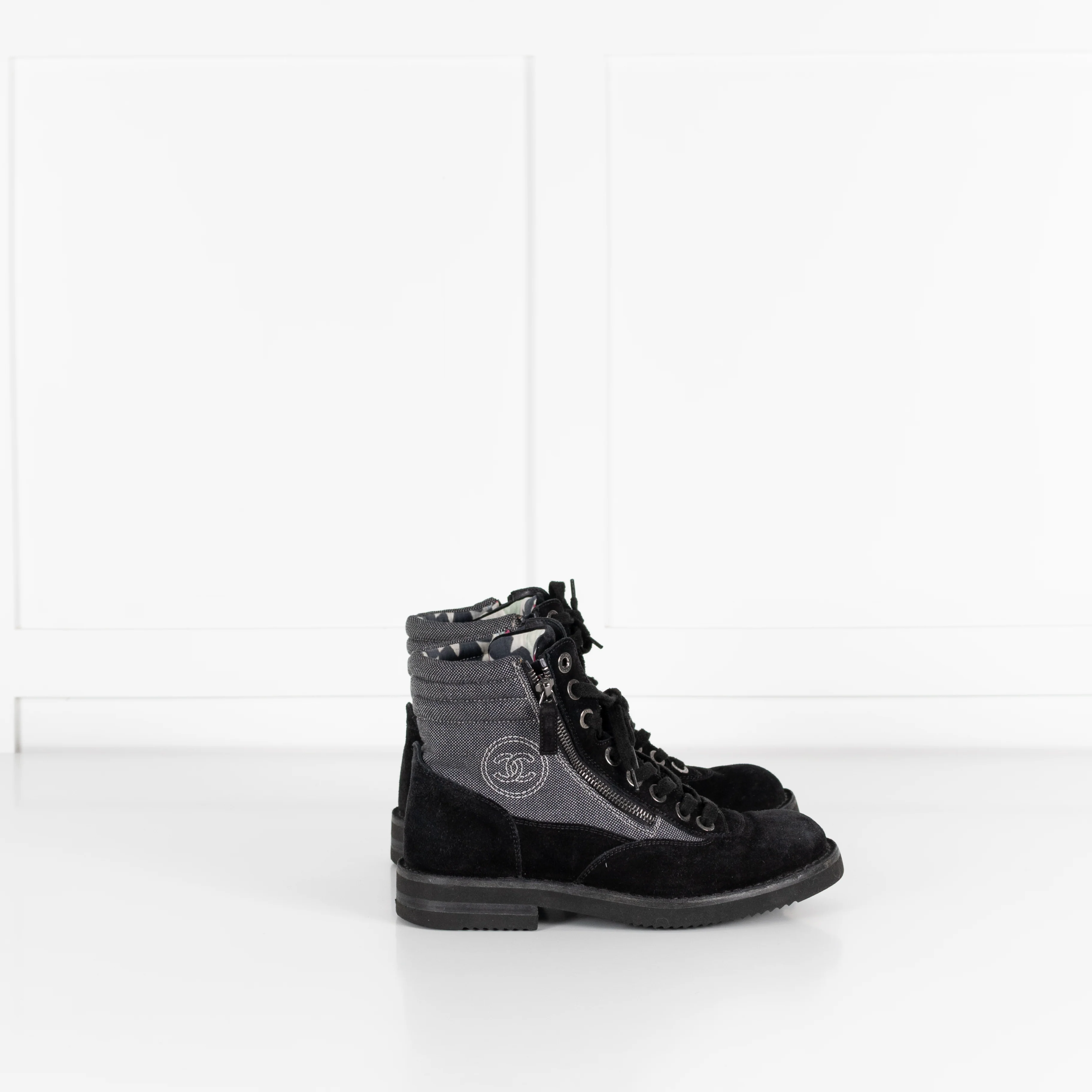 Chanel Black Suede And Canvas Lace Up Ankle Boots - Image 5