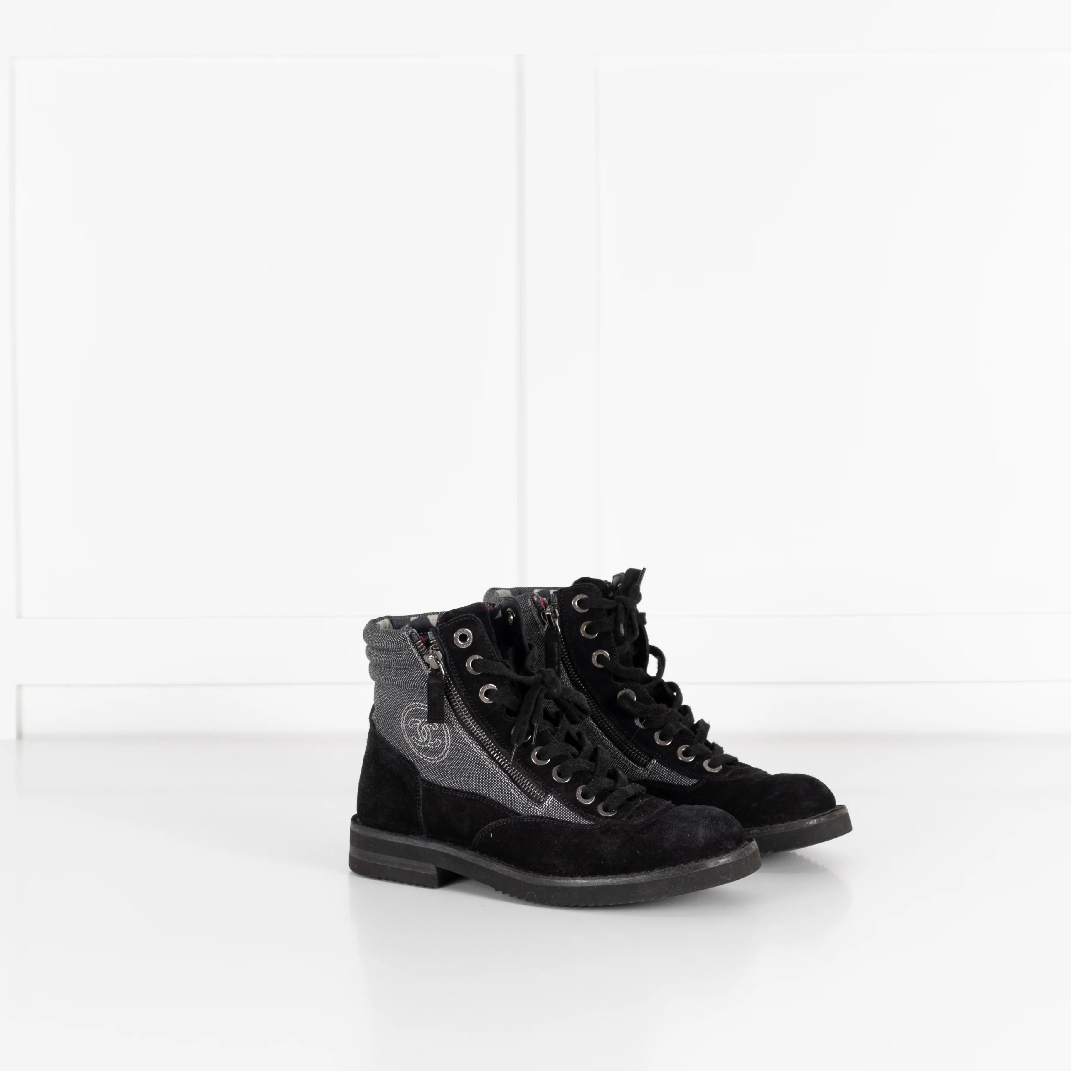 Chanel Black Suede And Canvas Lace Up Ankle Boots - Image 6