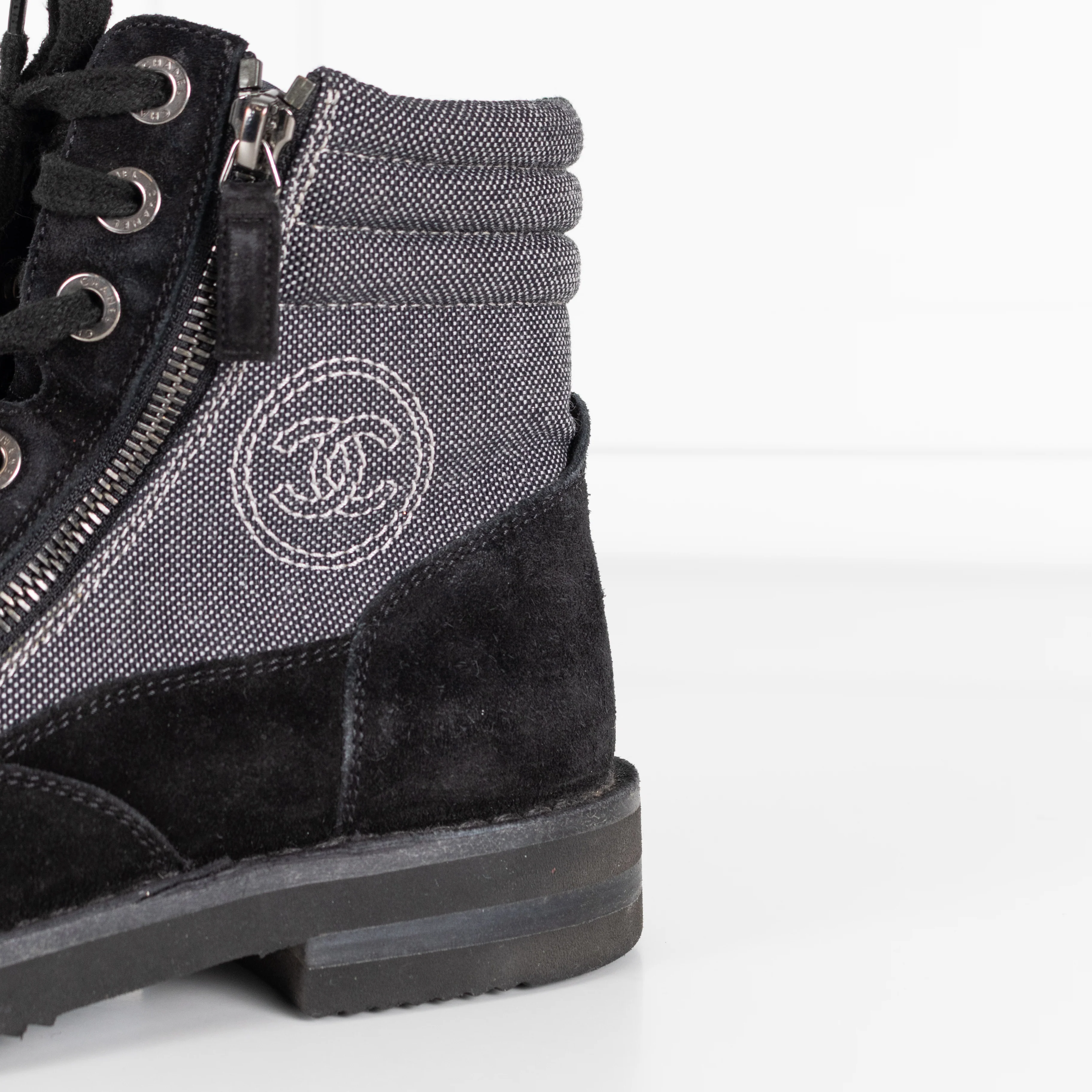 Chanel Black Suede And Canvas Lace Up Ankle Boots - Image 8