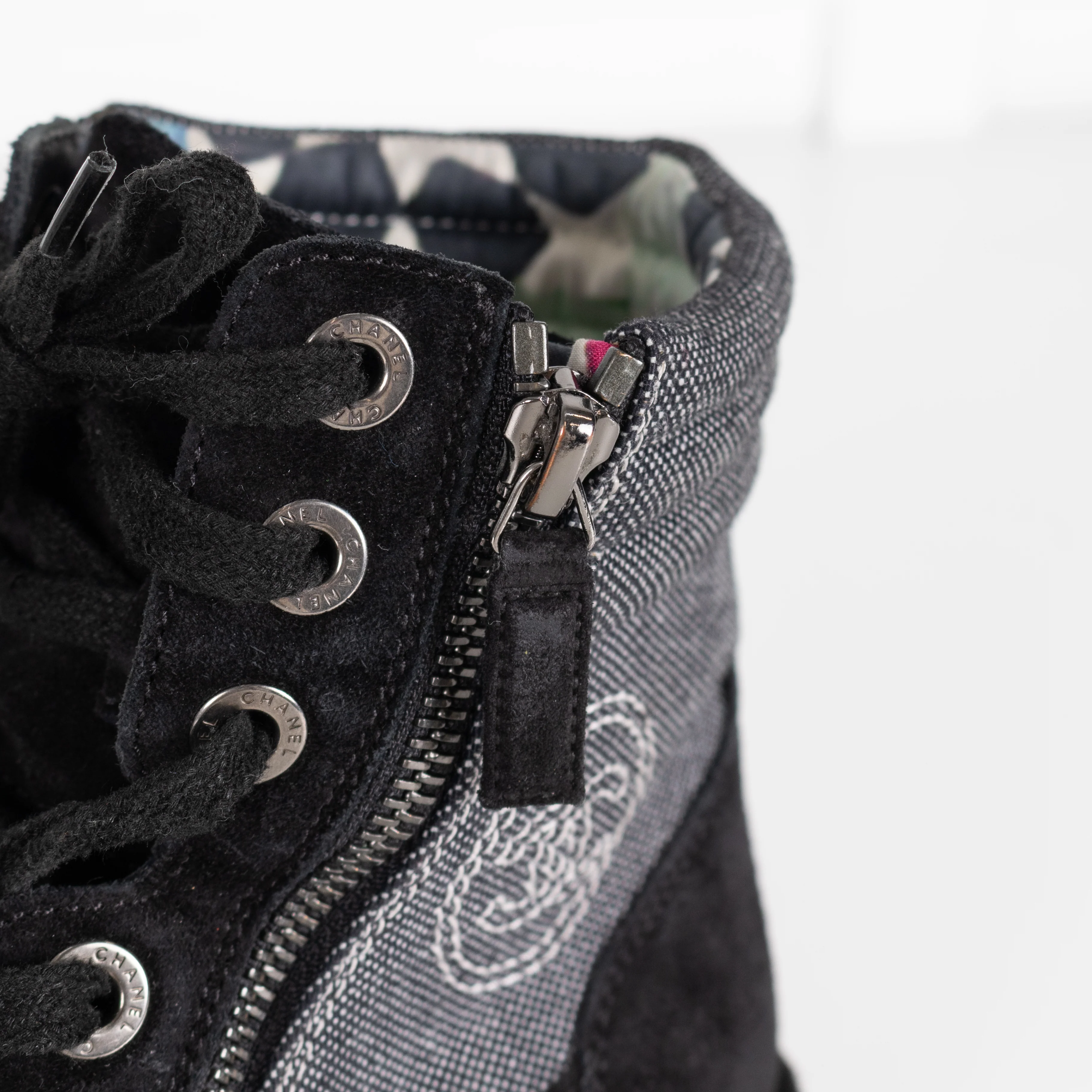 Chanel Black Suede And Canvas Lace Up Ankle Boots - Image 9