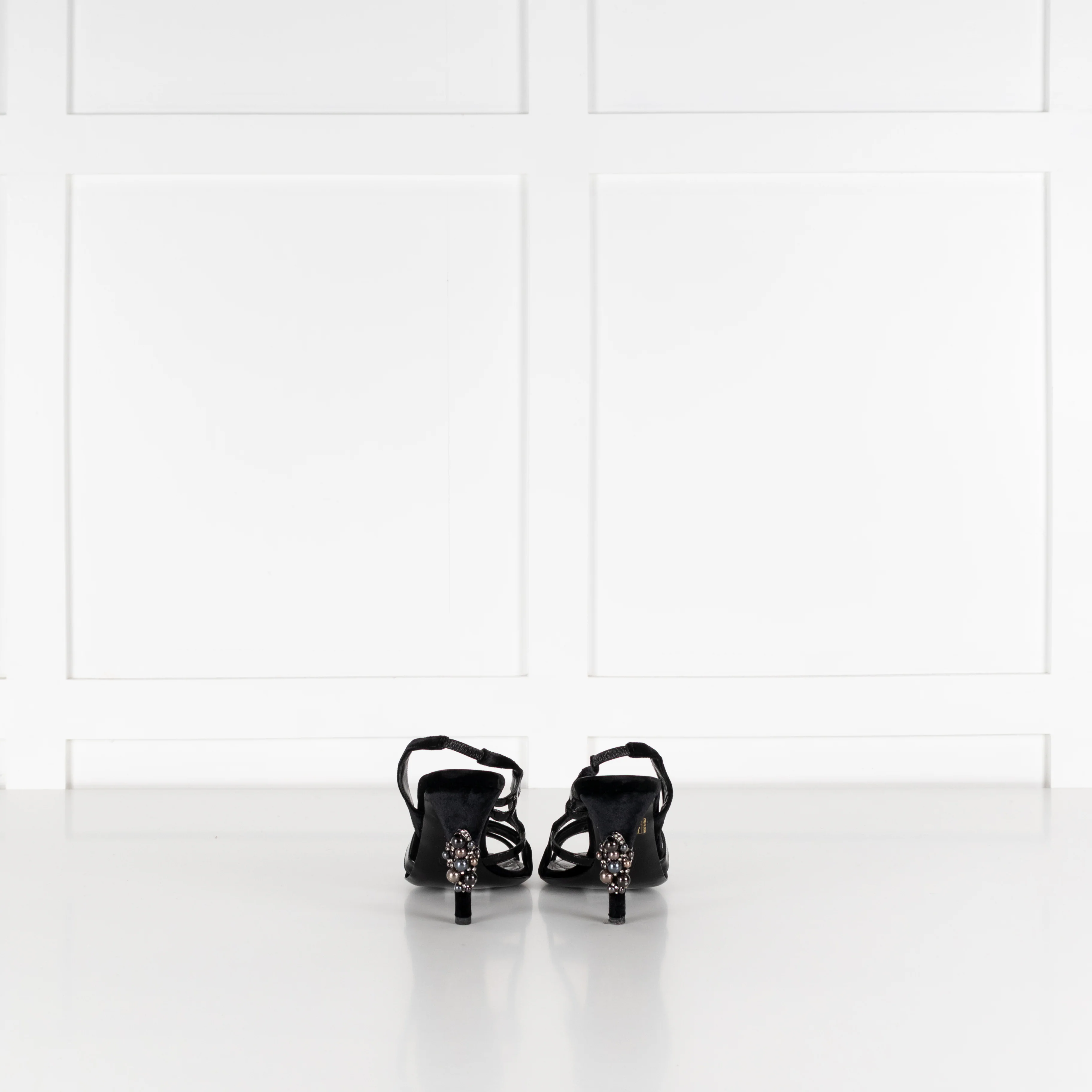 Chanel Black Velvet Patent Leather Embellished Heeled Sandals - Image 5