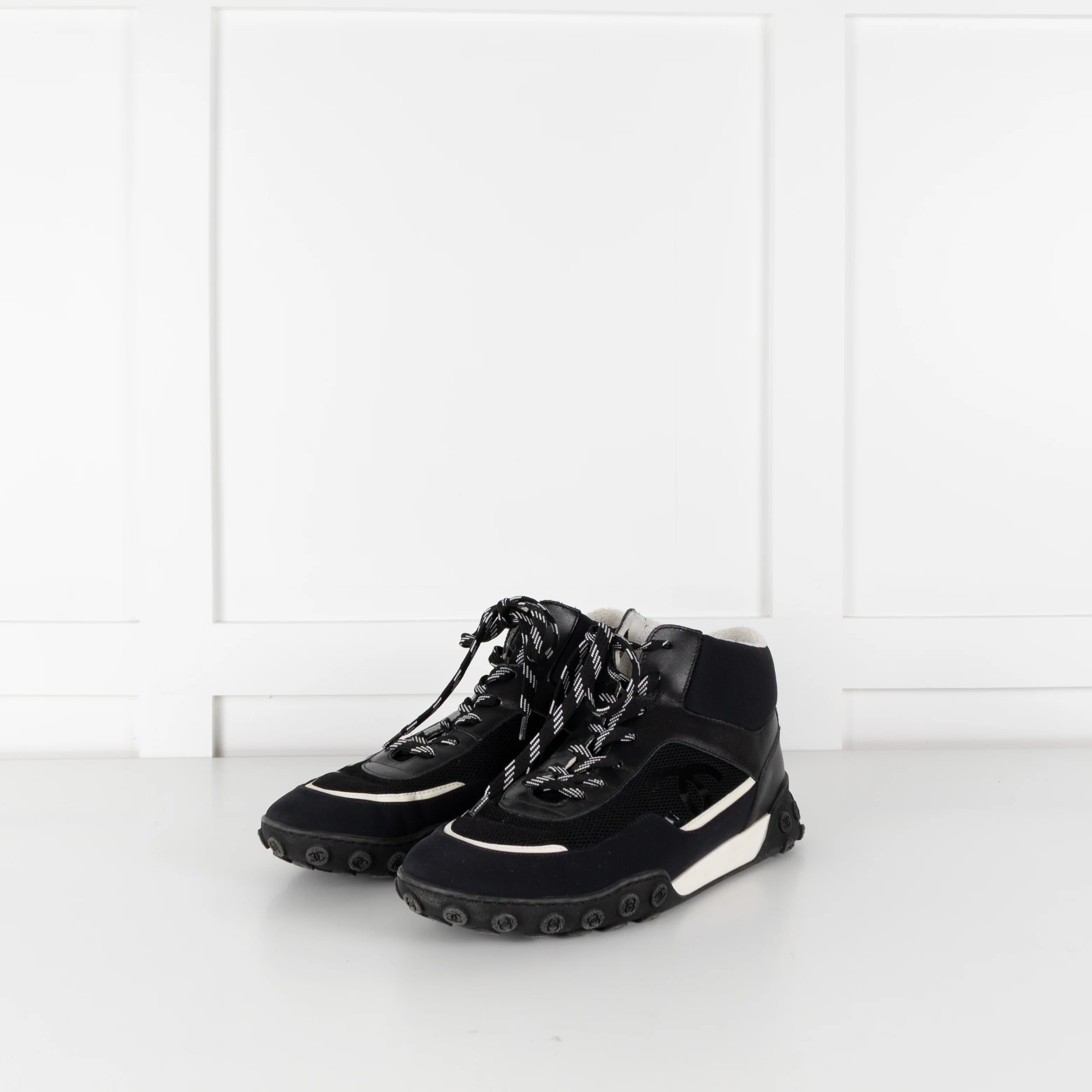 Chanel Black White Trim Interlocking CC Mesh Trainers