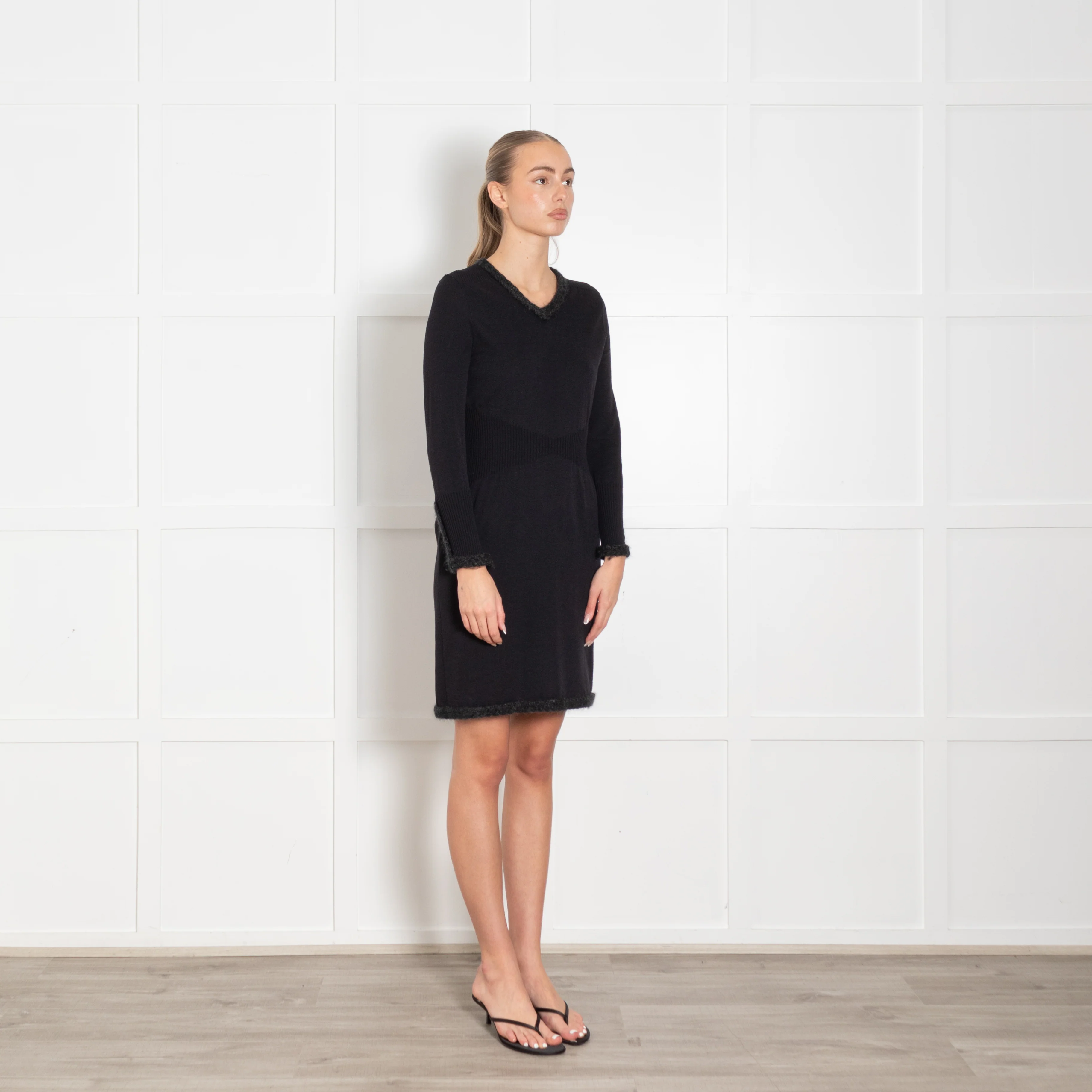 Chanel Black Wool Blend Grey Knit Trim Long Sleeve Dress - Image 7