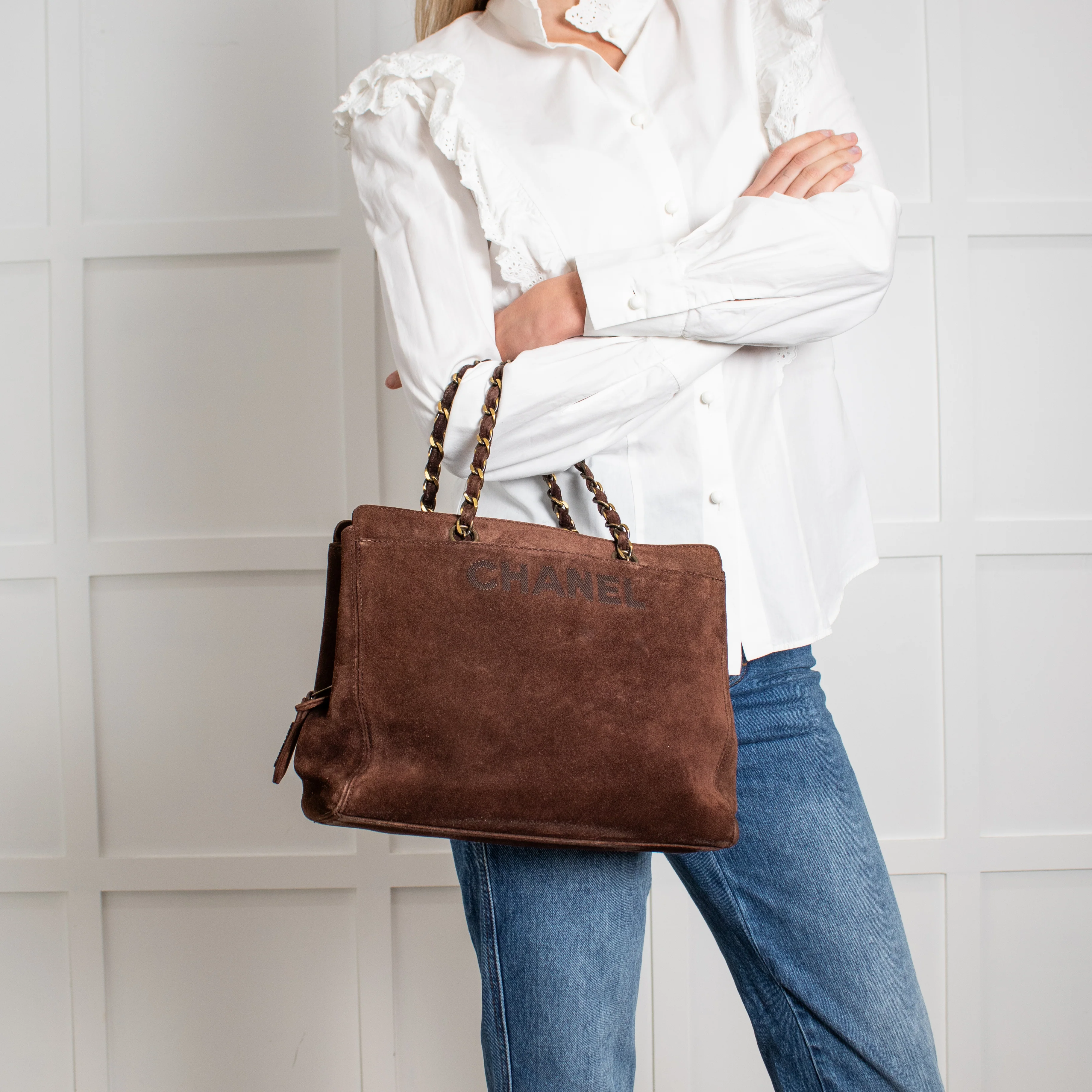 Chanel Brown Suede Chain Strap Logo Tote - Image 2