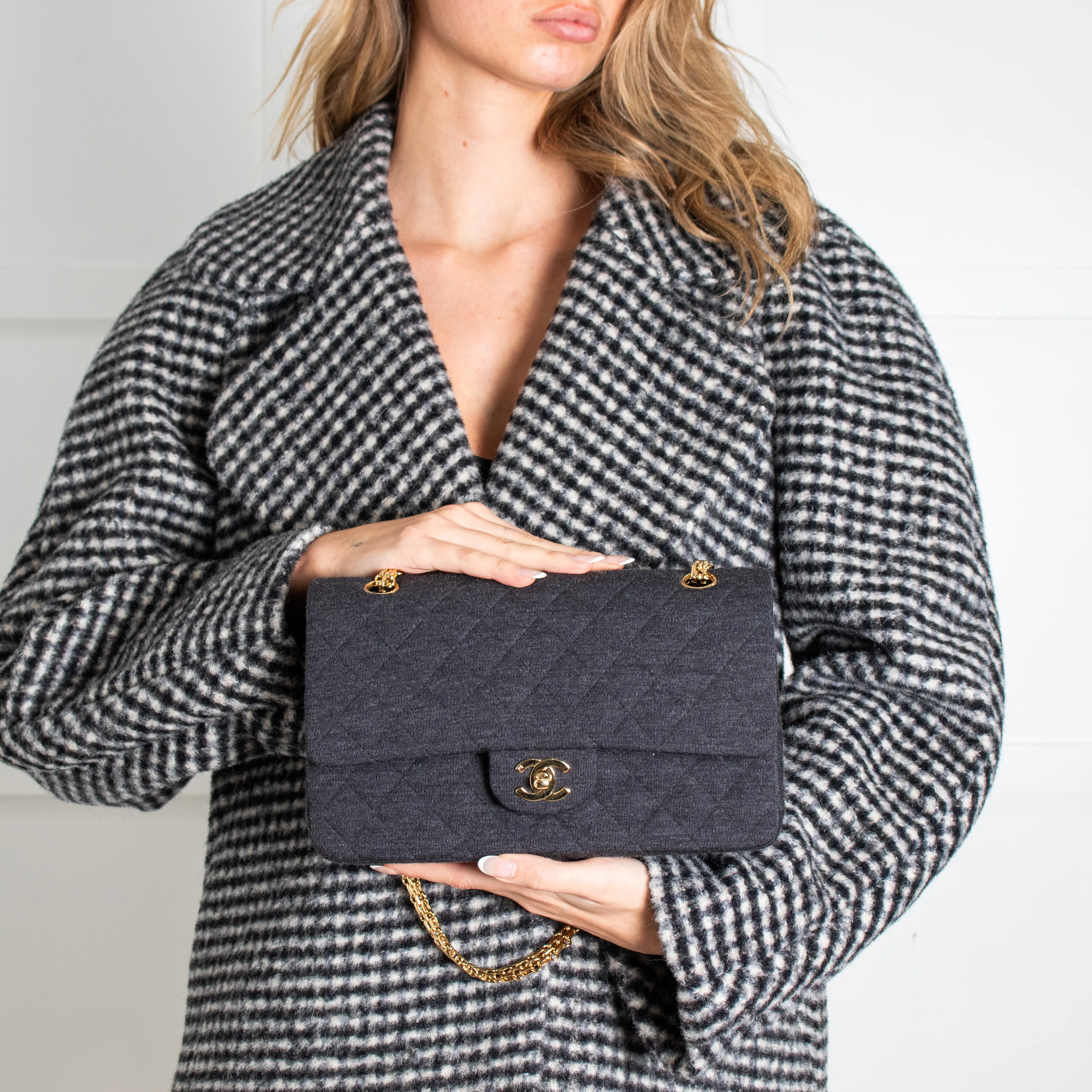 Chanel Charcoal Grey Fabric Medium Double Flap Handbag - Image 6