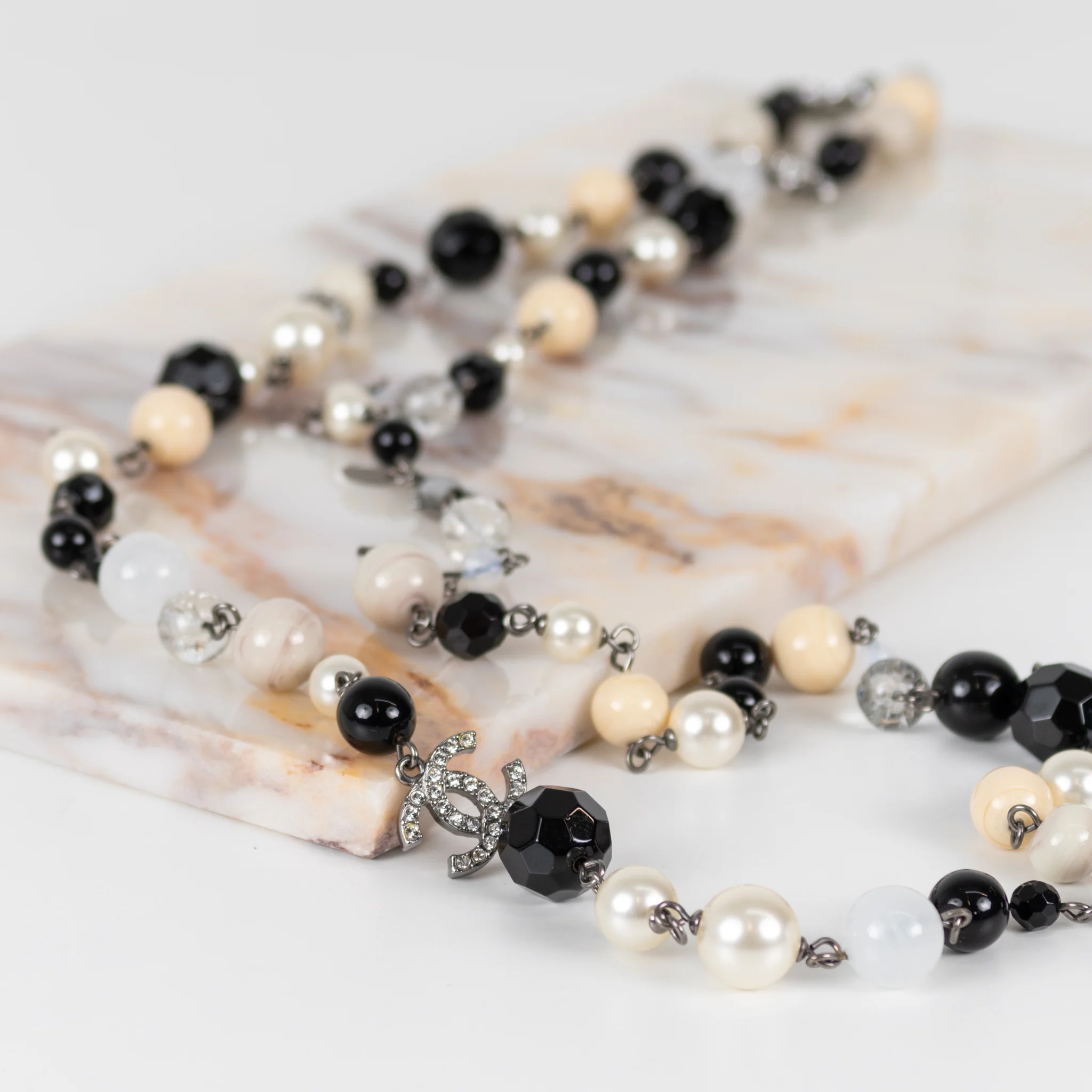 Chanel Cream Faux Pearl Black Bead Diamante CC Long Necklace - Image 4