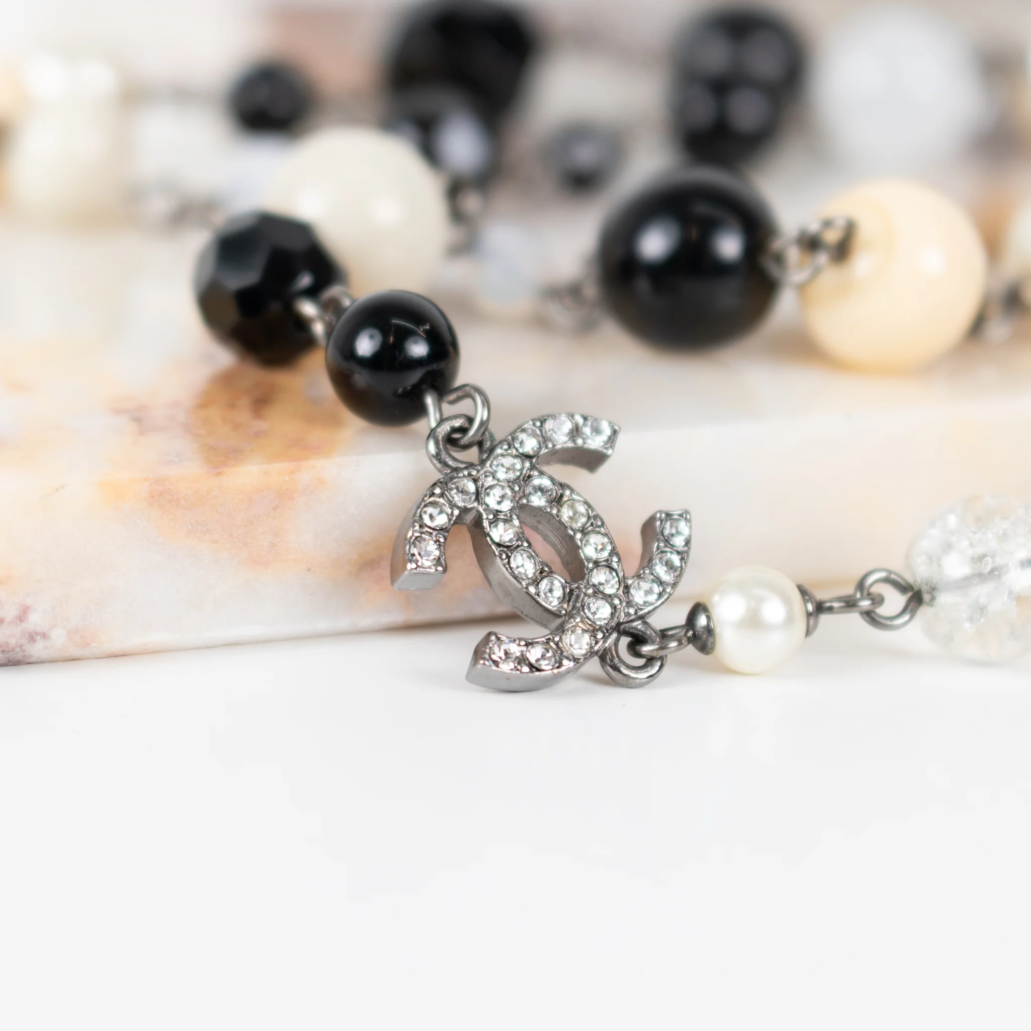Chanel Cream Faux Pearl Black Bead Diamante CC Long Necklace - Image 6
