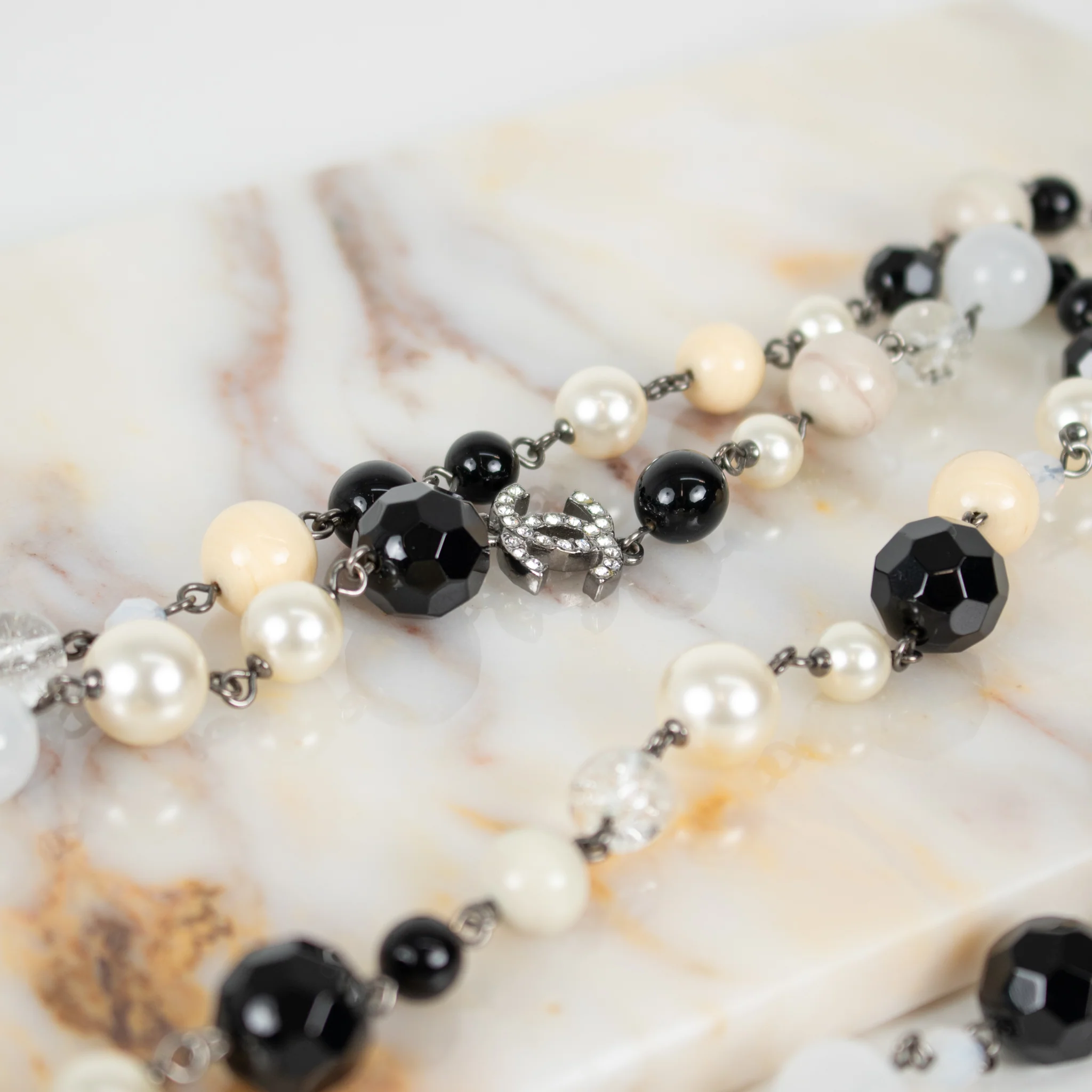 Chanel Cream Faux Pearl Black Bead Diamante CC Long Necklace - Image 7