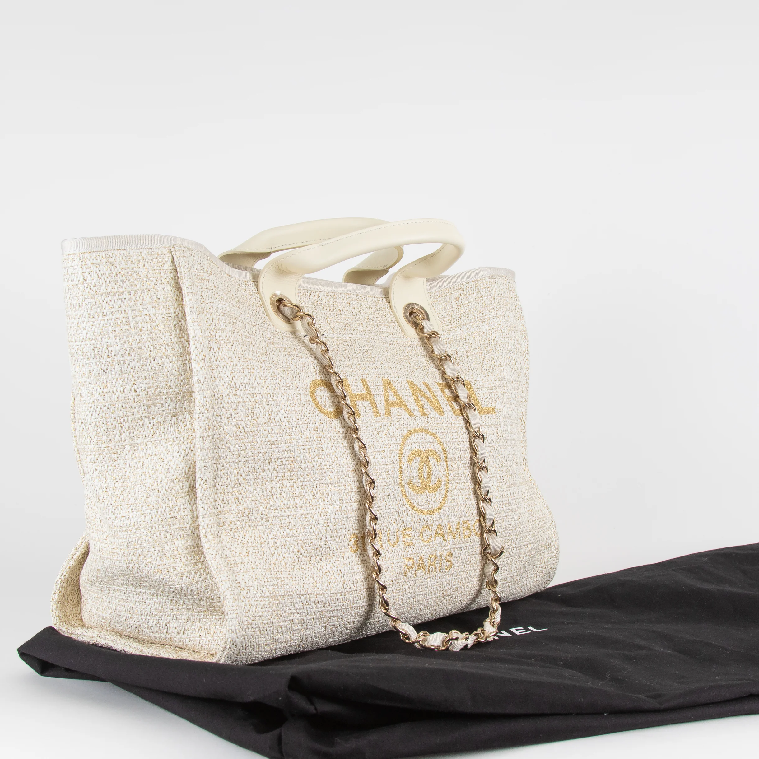 Chanel Cream Gold Deauville Tweed Medium Tote Bag - Image 3