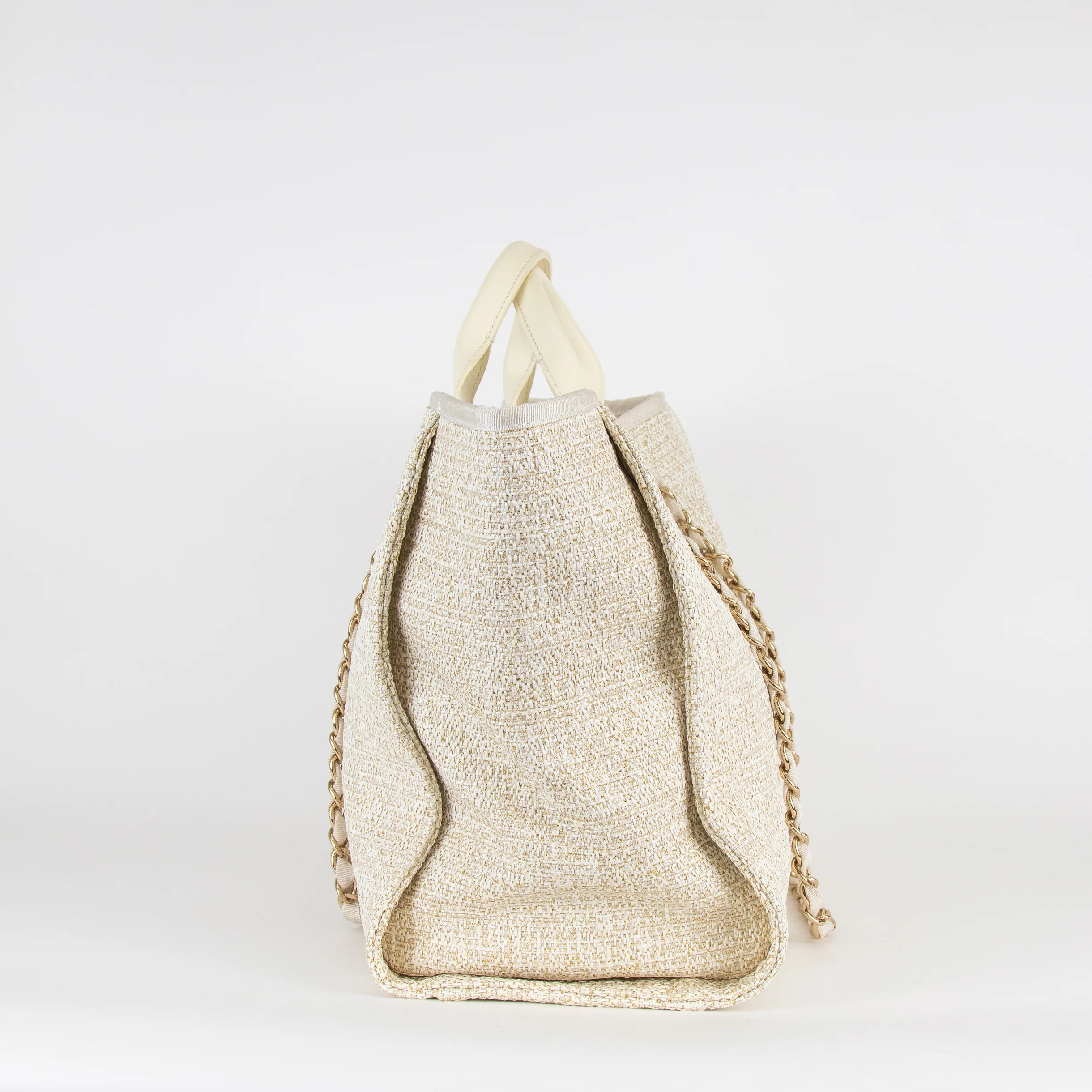 Chanel Cream Gold Deauville Tweed Medium Tote Bag - Image 4