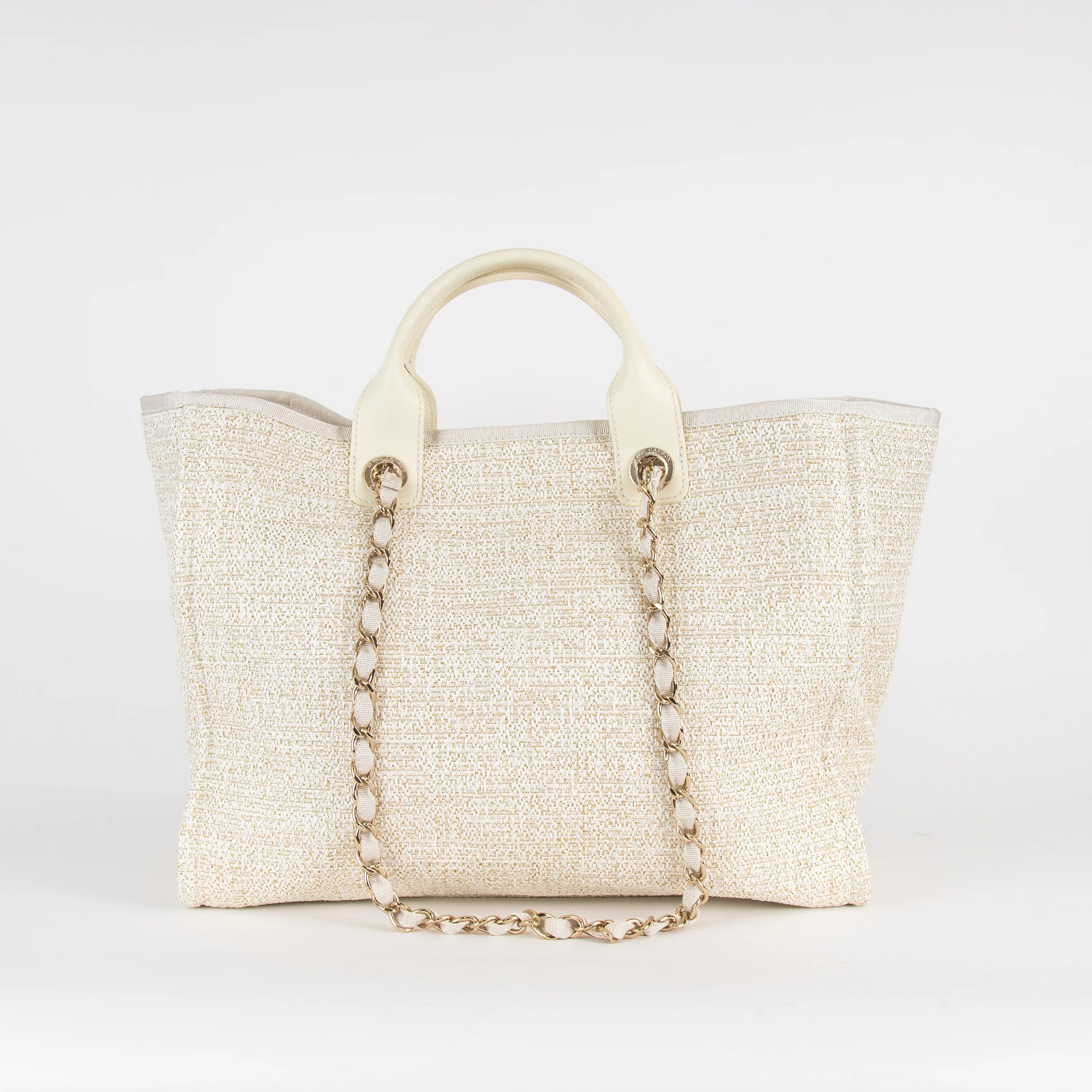 Chanel Cream Gold Deauville Tweed Medium Tote Bag - Image 5