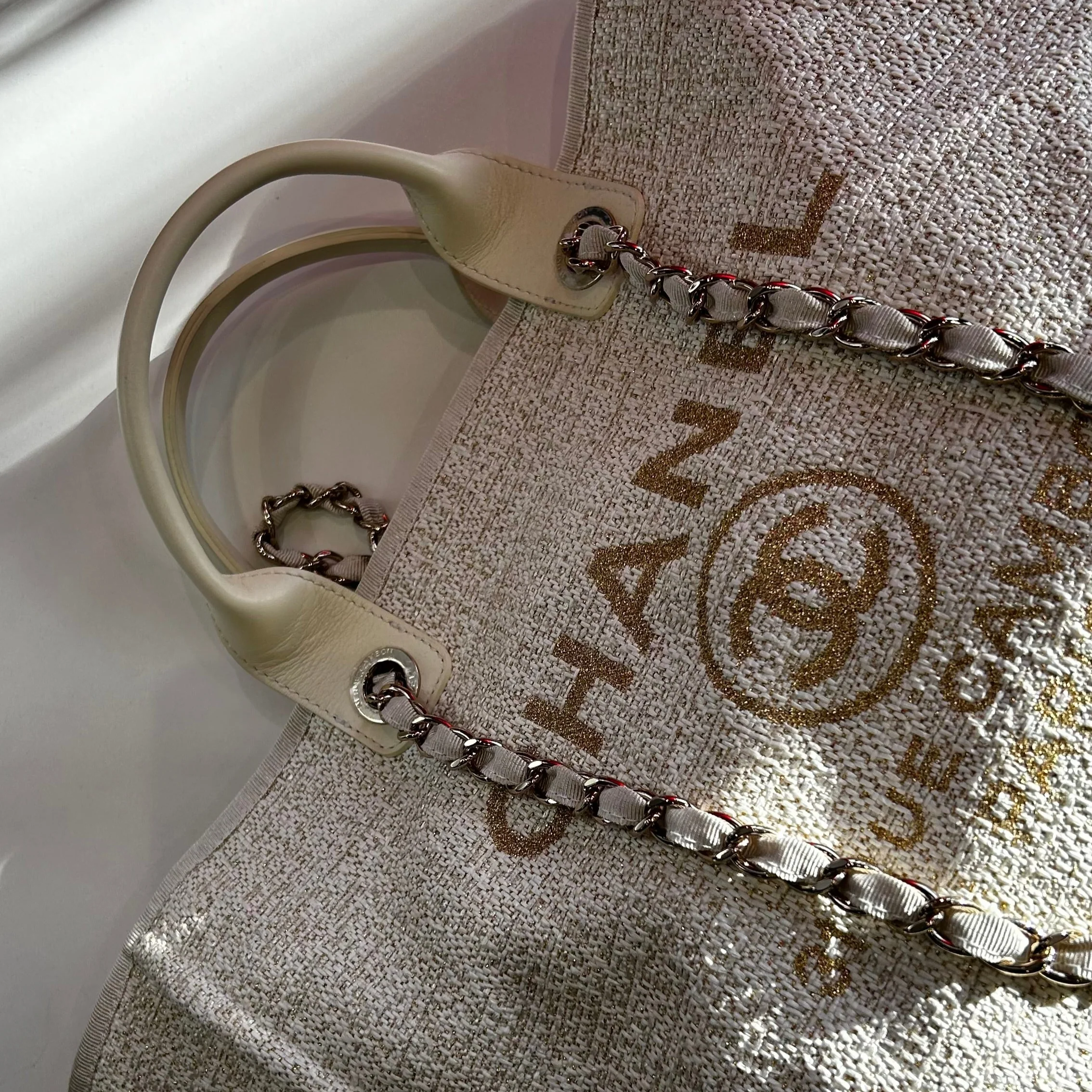 Chanel Cream Gold Deauville Tweed Medium Tote Bag - Image 8