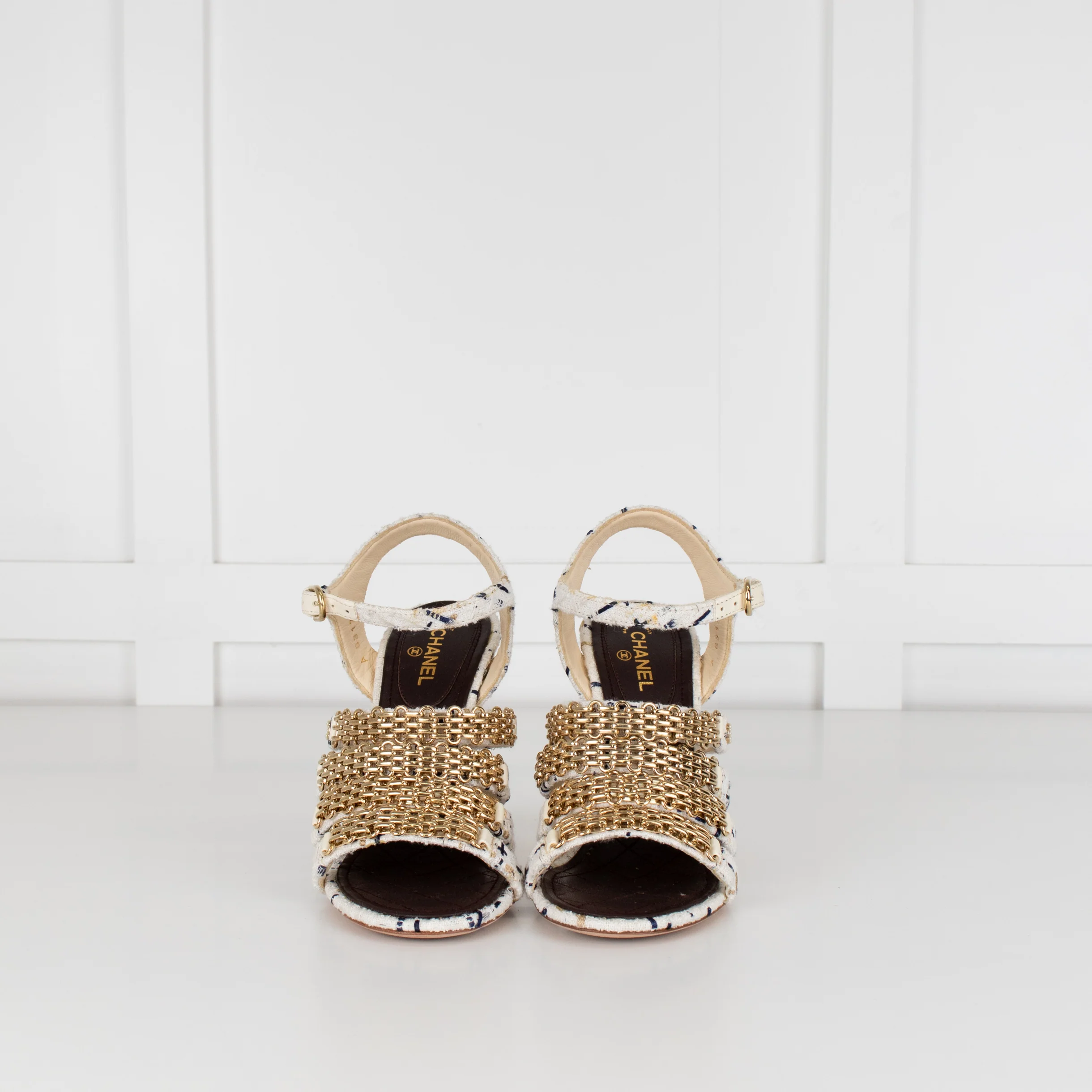 Chanel Cream Tweed Gold Chain Detail Heeled Sandals - Image 2